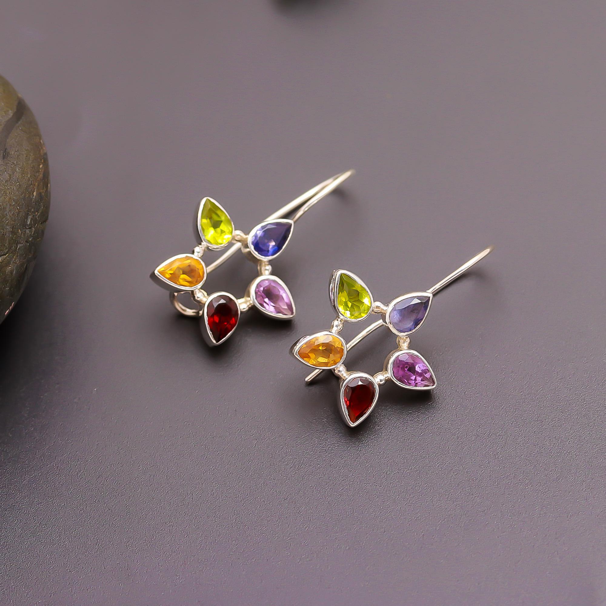 925 Silver Multi-Gemstone Star Drop Earrings