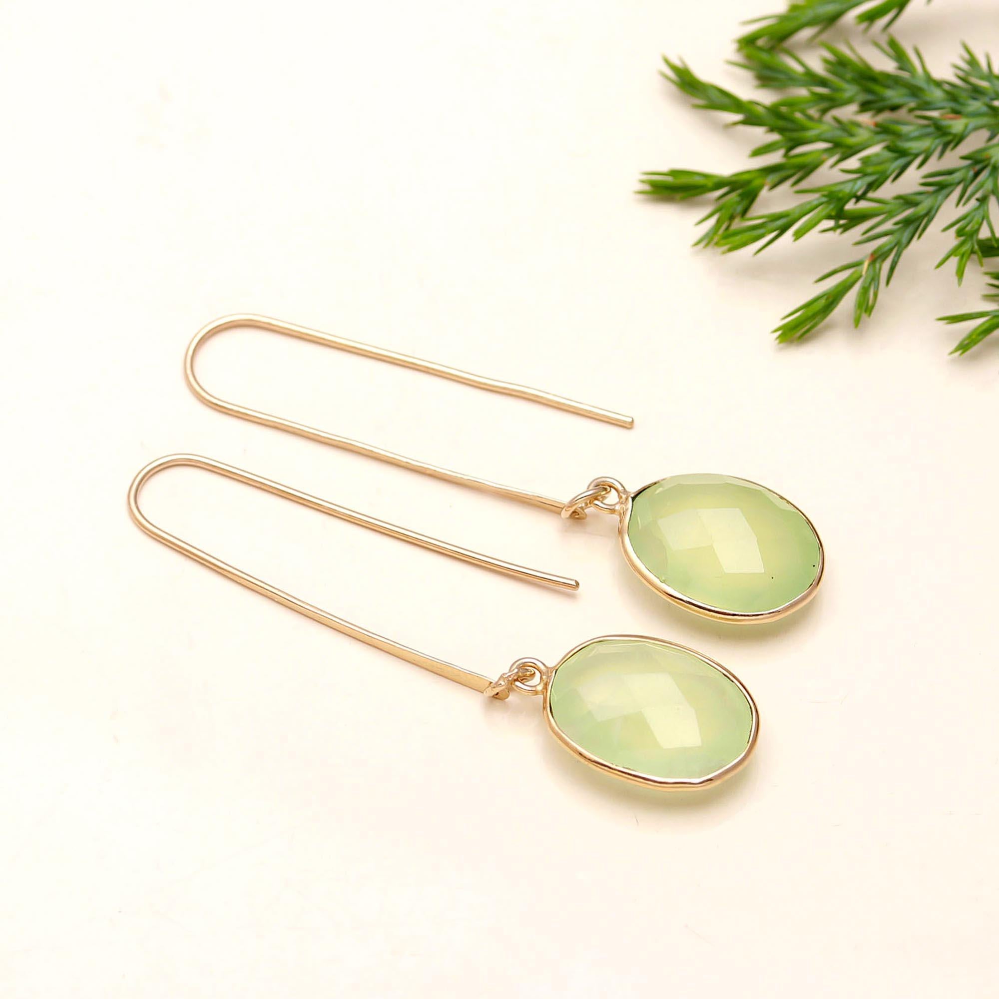 Antitarnish Brass Green Prehnite Dangle Earrings