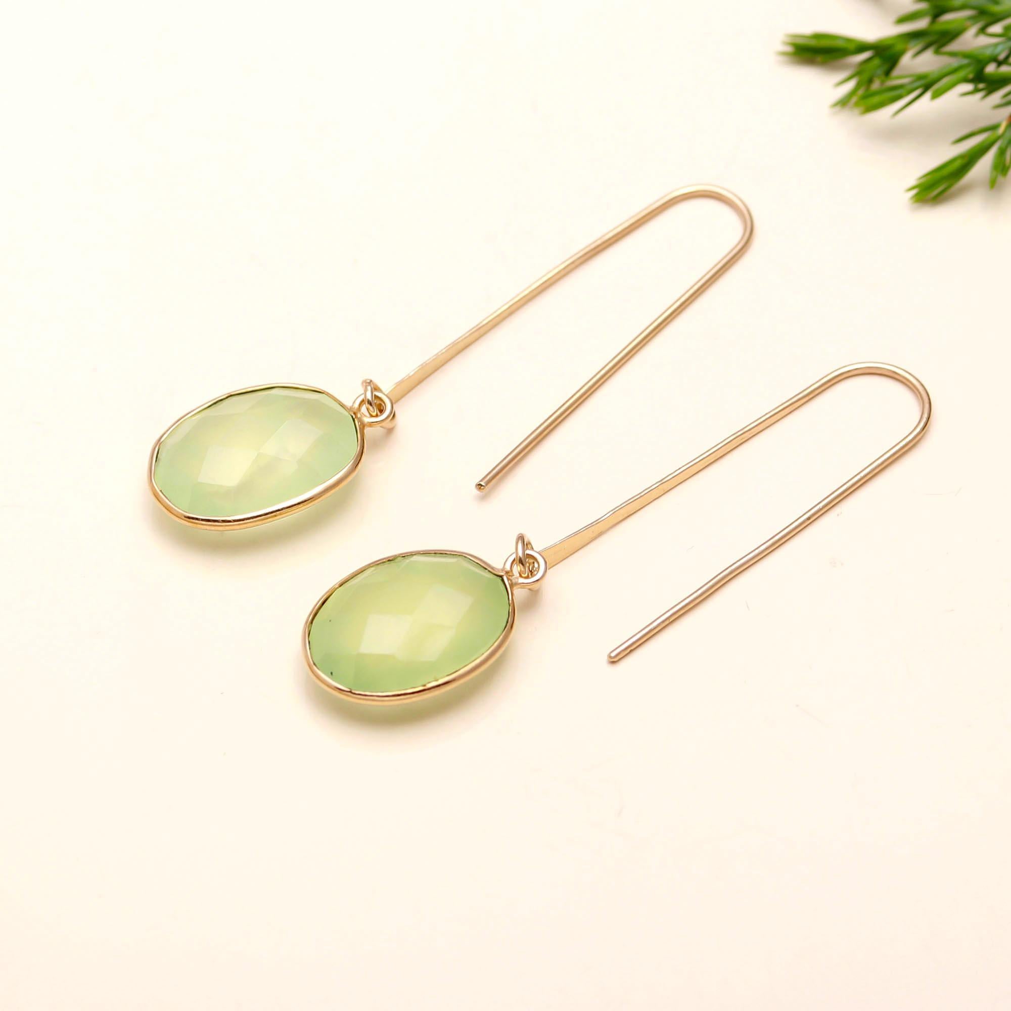 Brass Green Prehnite Dangle Earrings