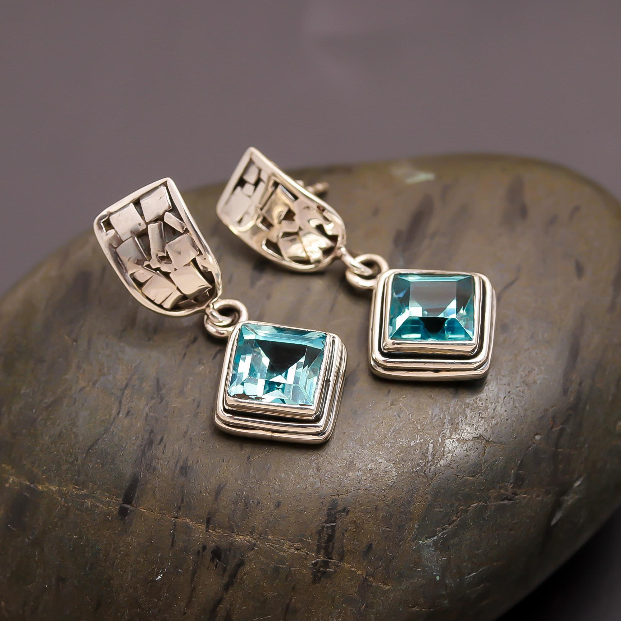 925 Silver Blue Topaz Drop Earrings