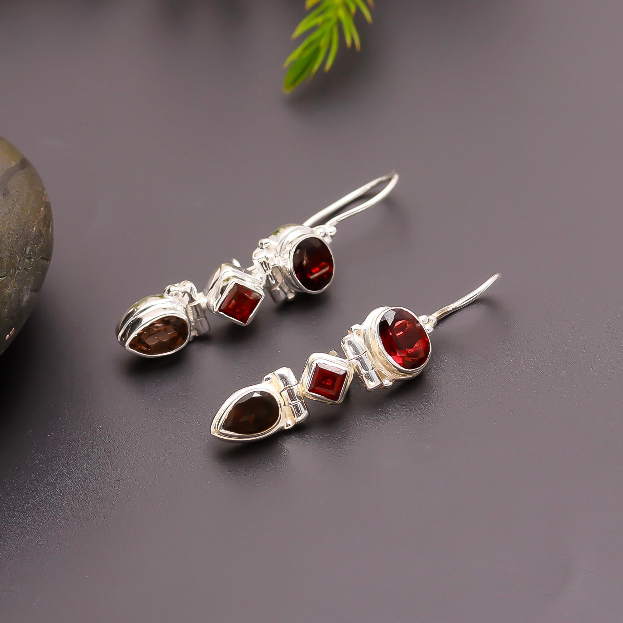 925 Silver Garnet & Smoky Quartz Drop Earrings