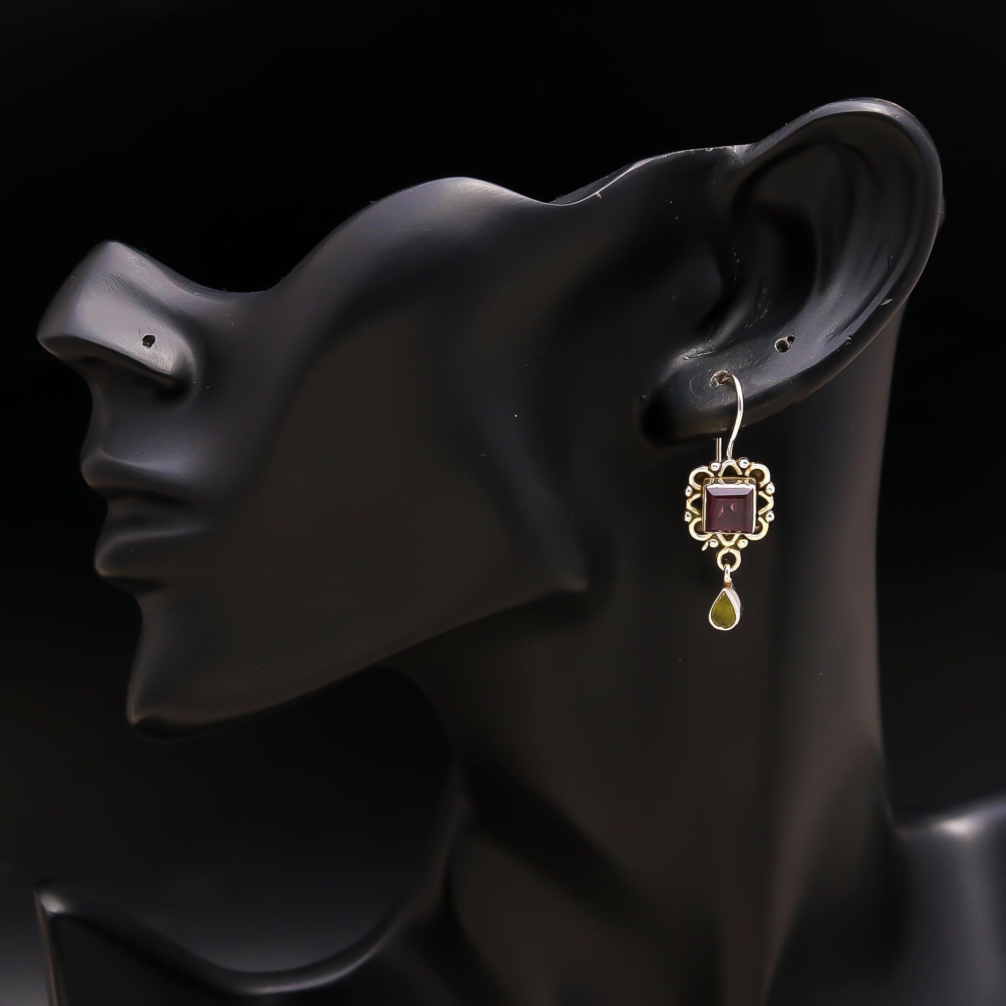 925 Silver Garnet and Peridot Drop Earrings