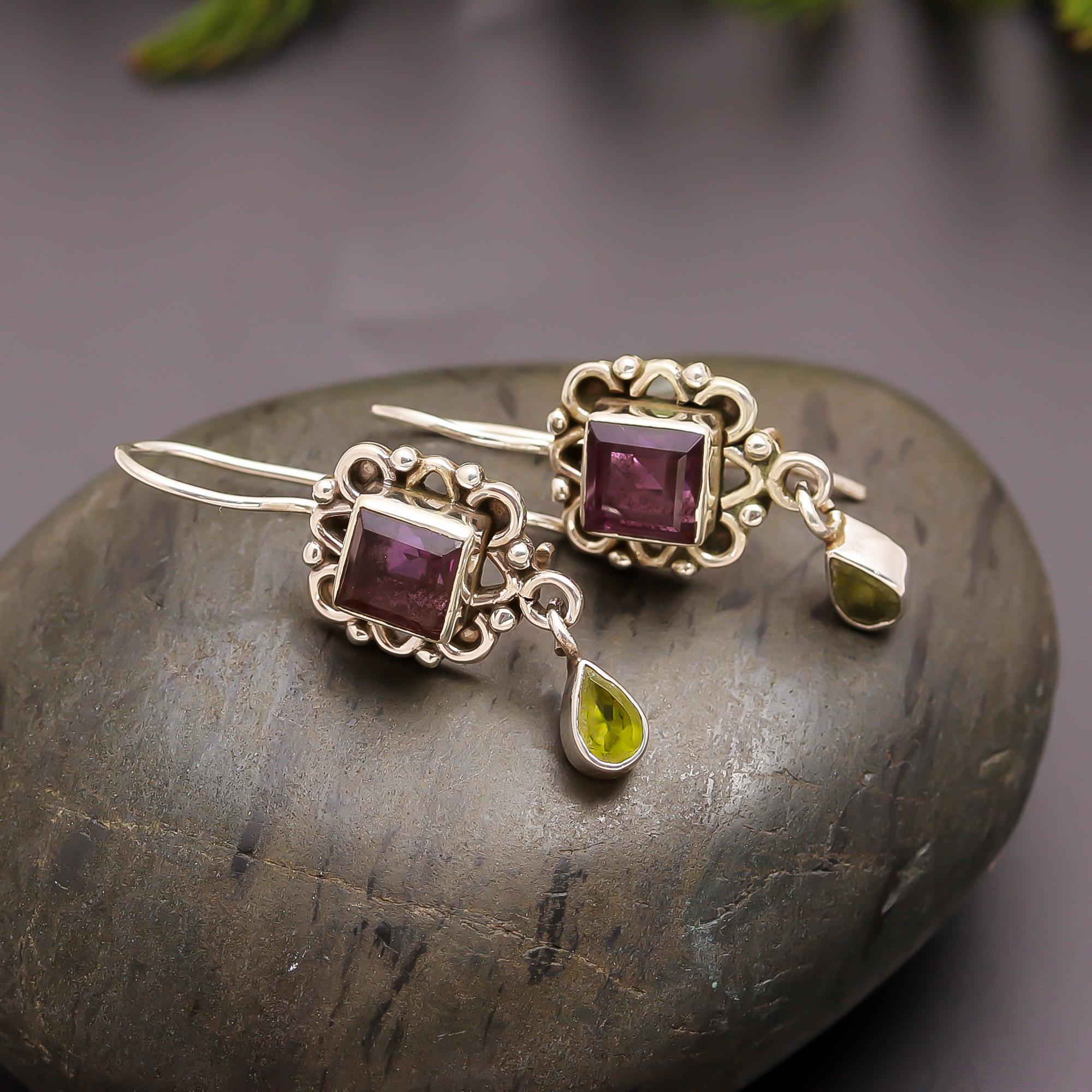 925 Silver Garnet and Peridot Drop Earrings