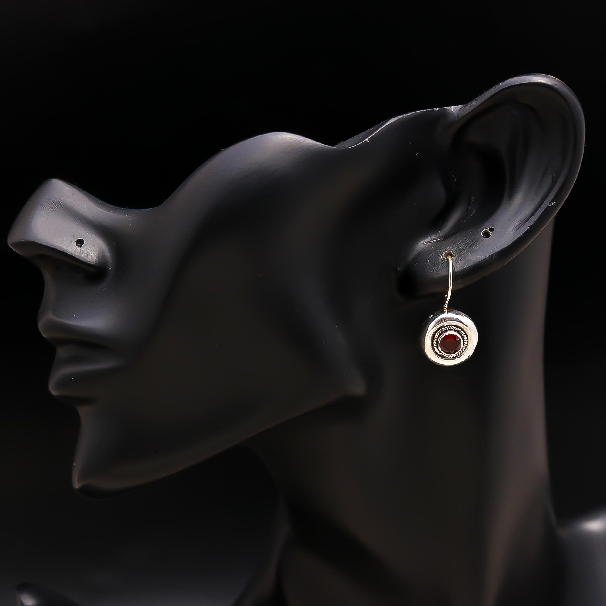 925 Silver Round Garnet Drop Earrings