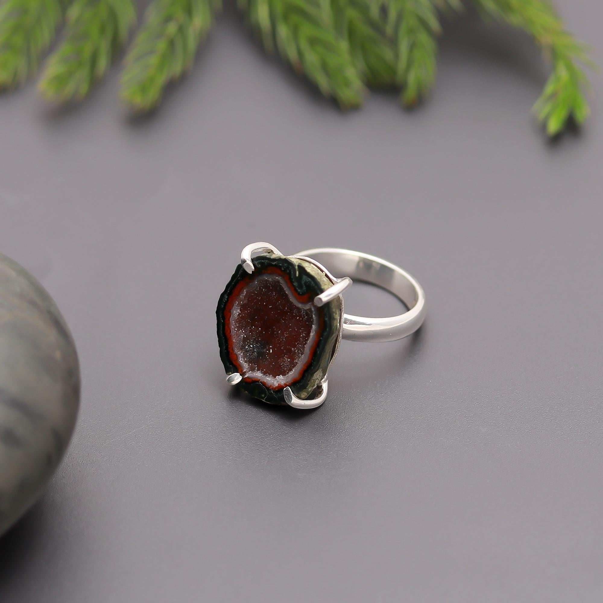 925 Silver Raw Slice Druzy Geode Ring