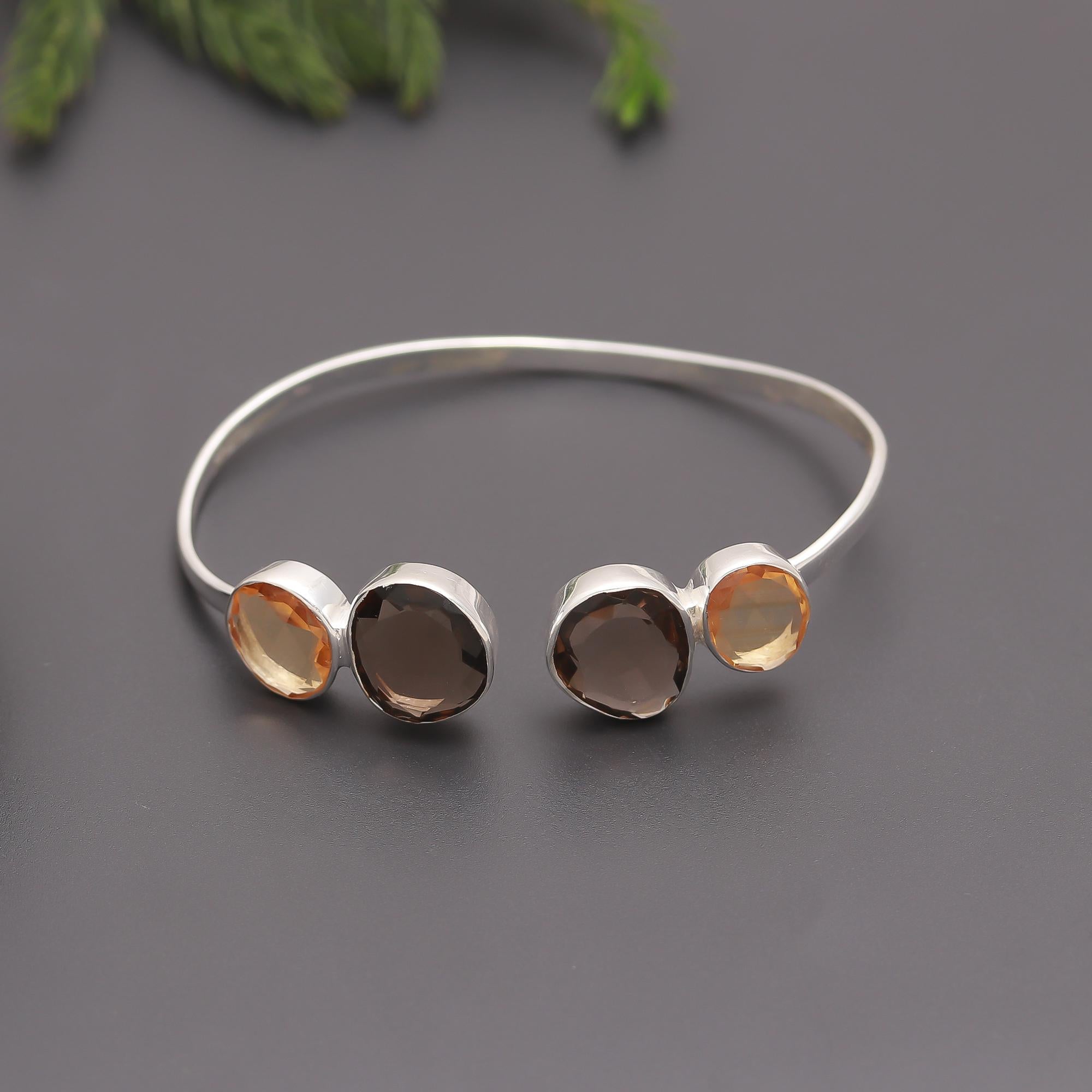 925 Silver Smoky Quartz & Citrine Cuff Bracelet
