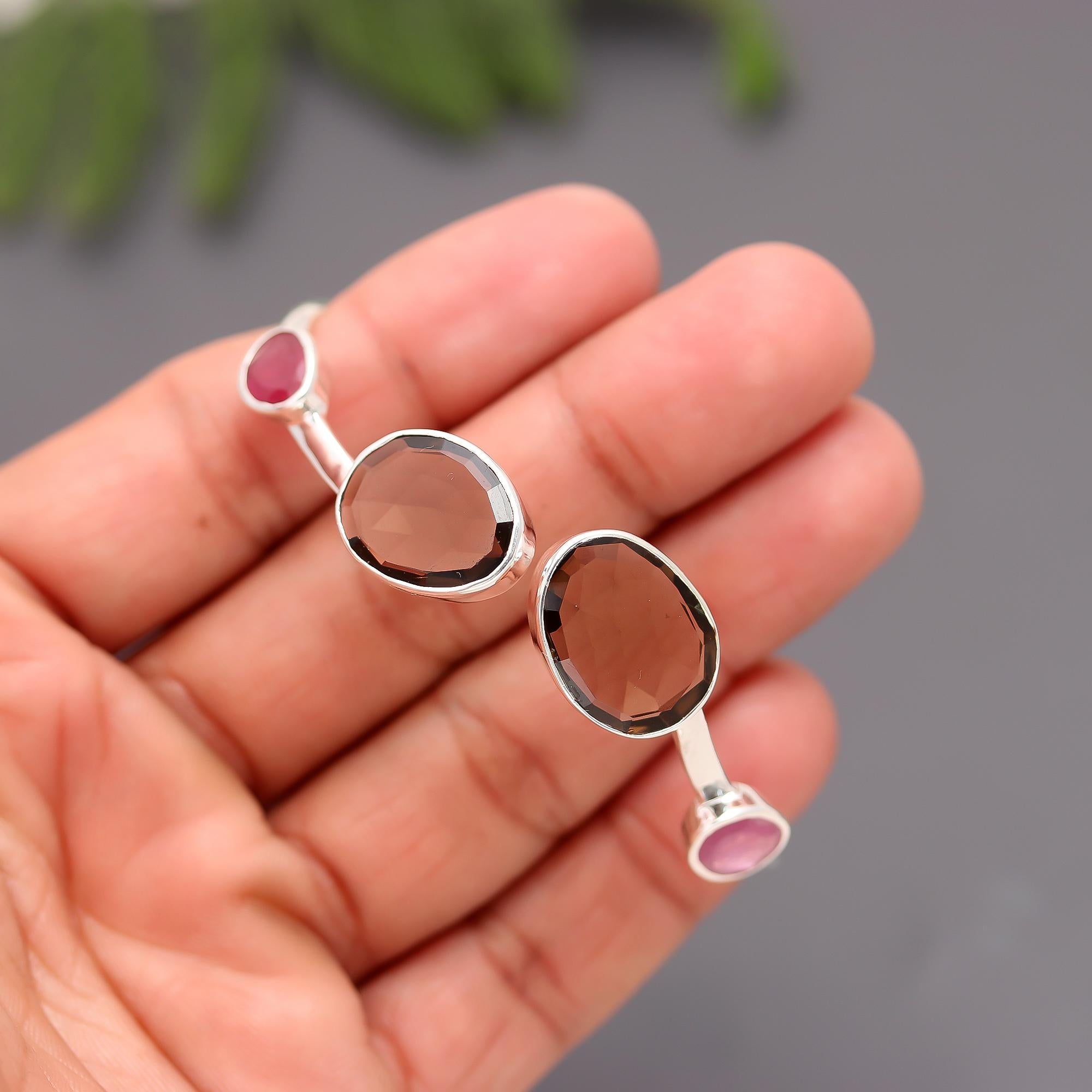 925 Silver Smoky Quartz & Ruby Cuff Bracelet