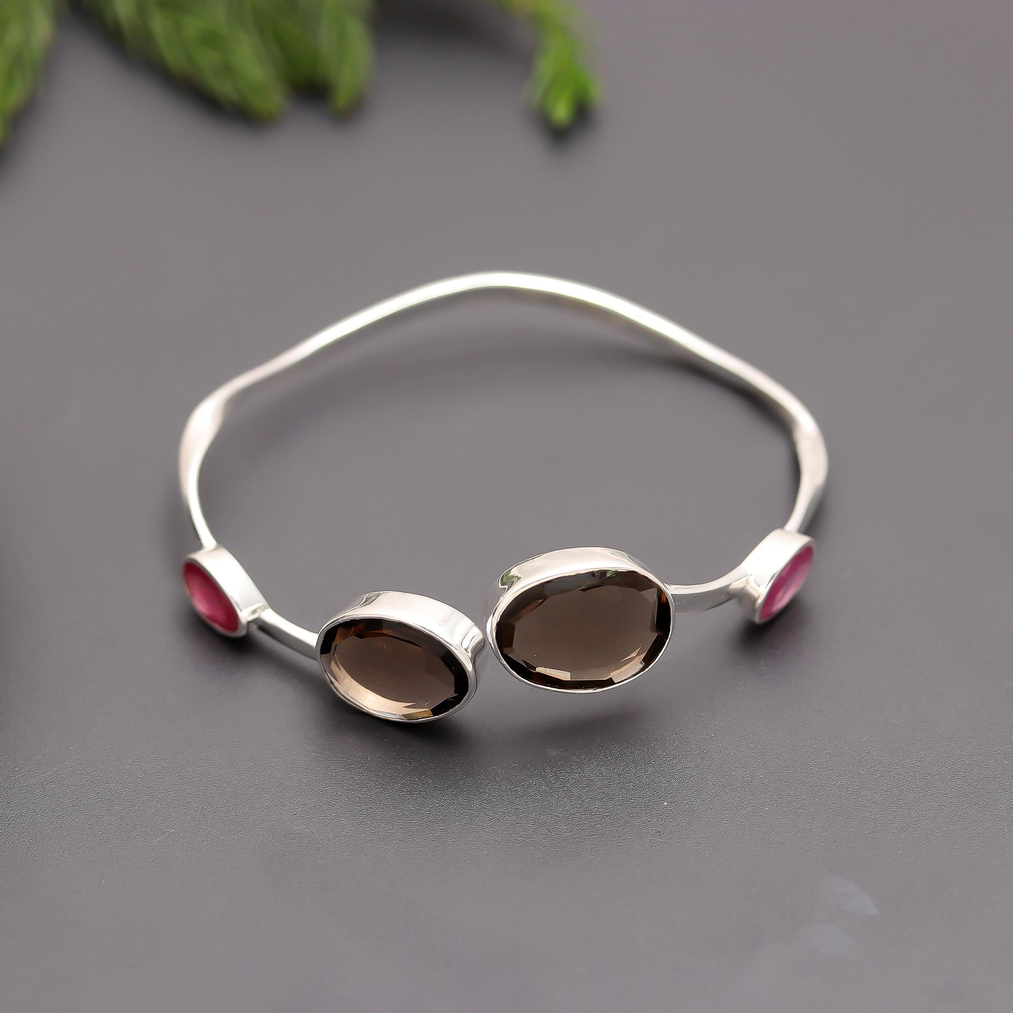 925 Silver Smoky Quartz & Ruby Cuff Bracelet