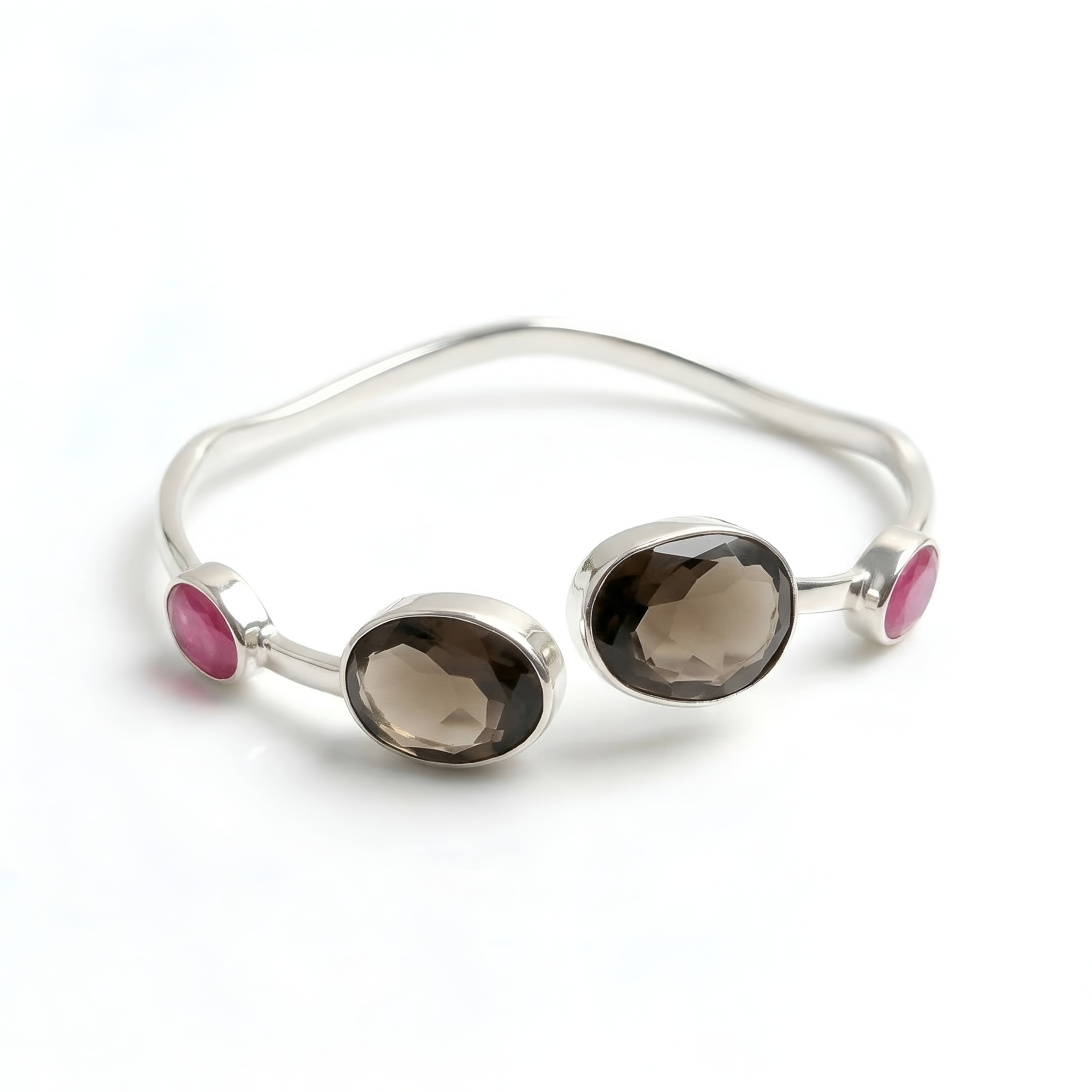 925 Silver Smoky Quartz & Ruby Cuff Bracelet