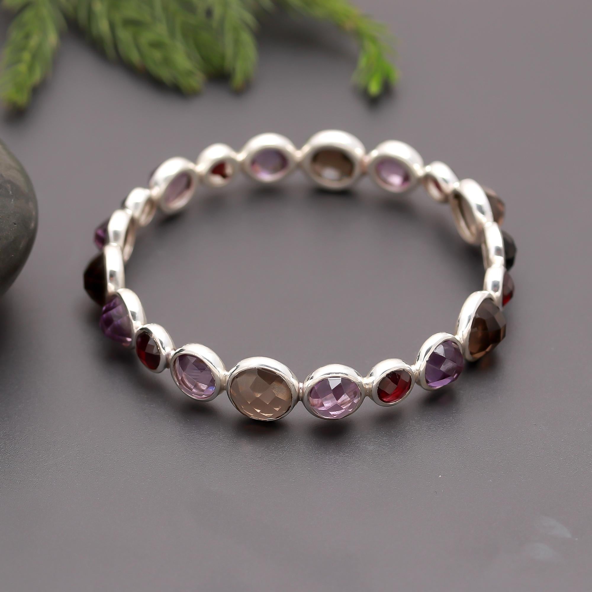 925 Silver Multi-Gemstone Faceted Bangle Bracelet