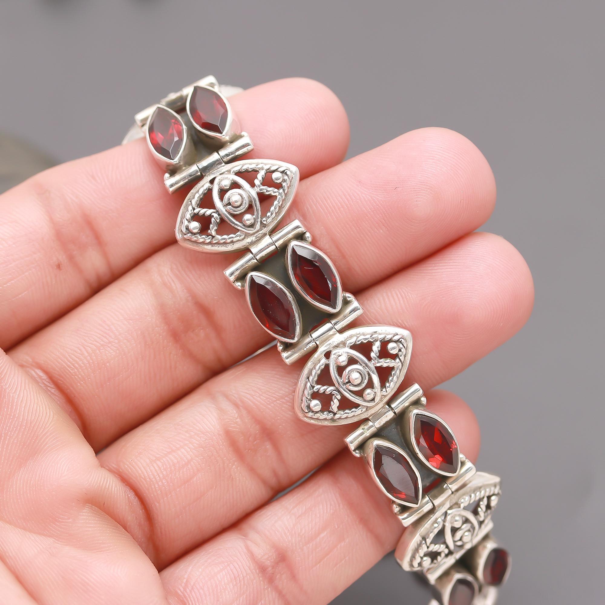 925 Silver Marquise Garnet Link Bracelet