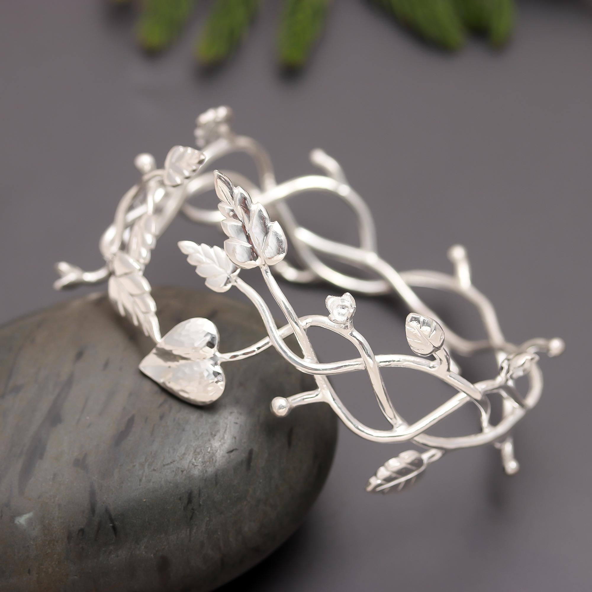 925 Silver Nature-Inspired Leafy Vine Cuff Bracelet