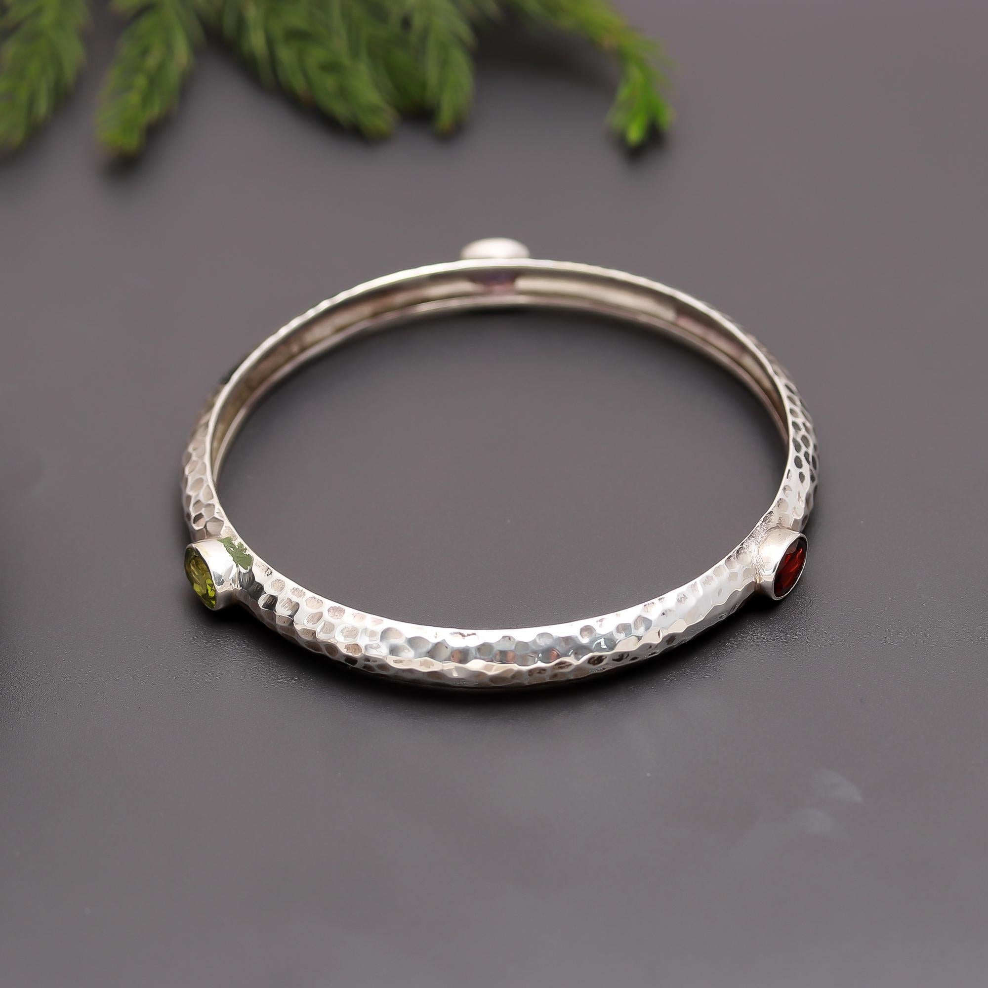 925 Silver Garnet Hammered Bangle