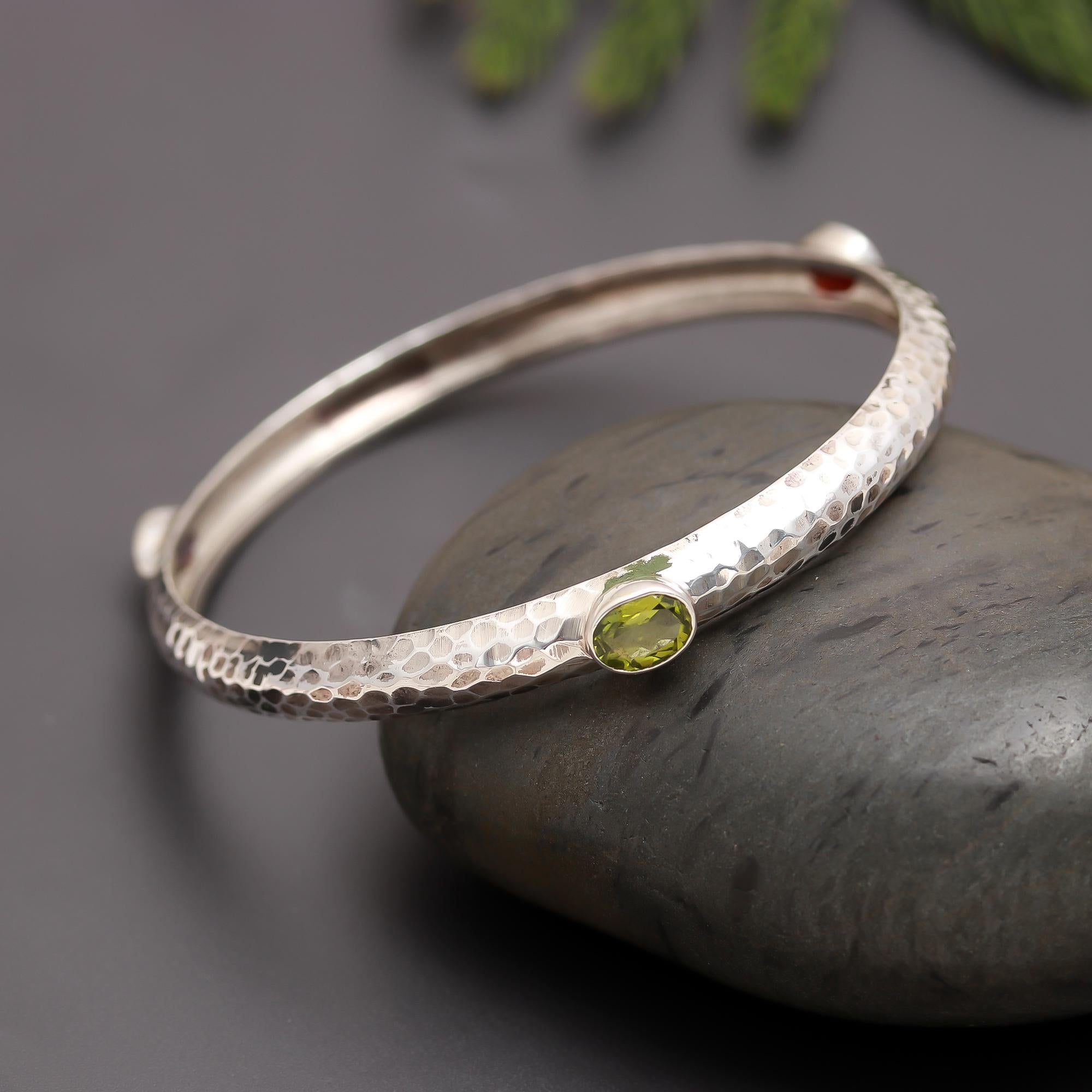 925 Silver Garnet Hammered Bangle