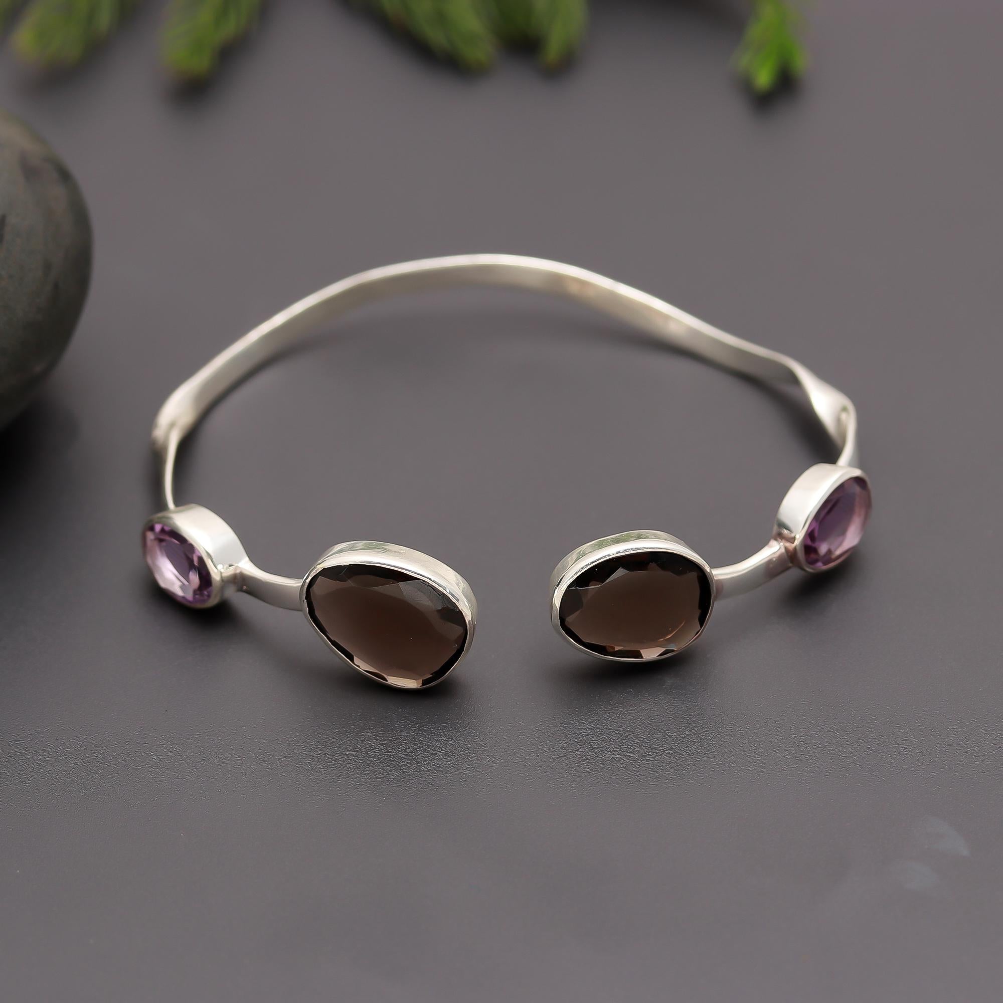925 Silver Smoky Quartz & Amethyst Cuff Bracelet