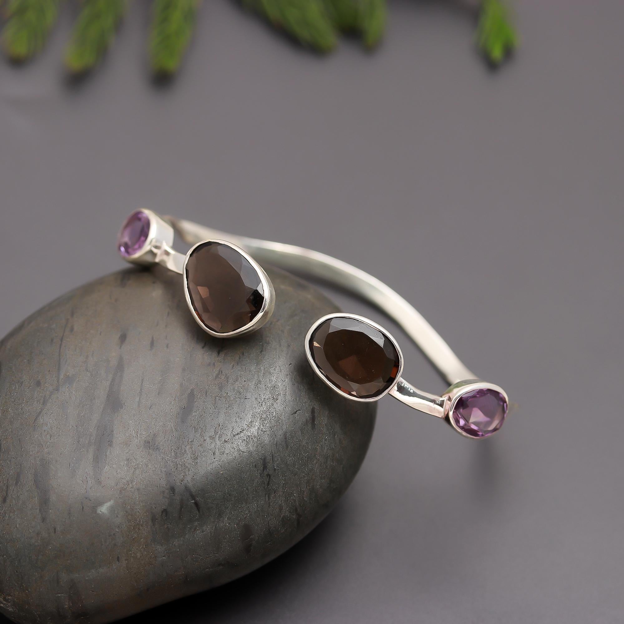 925 Silver Smoky Quartz & Amethyst Cuff Bracelet