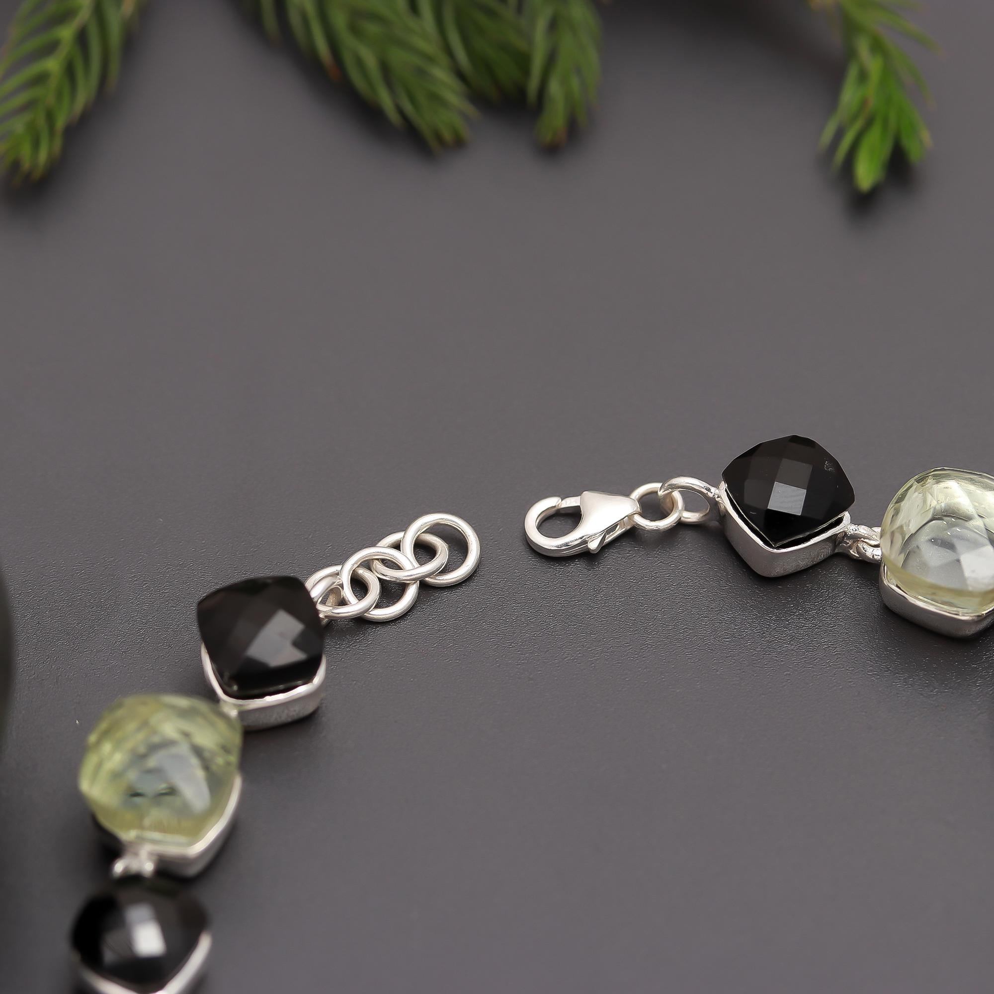 925 Silver Quartz & Onyx Link Bracelet