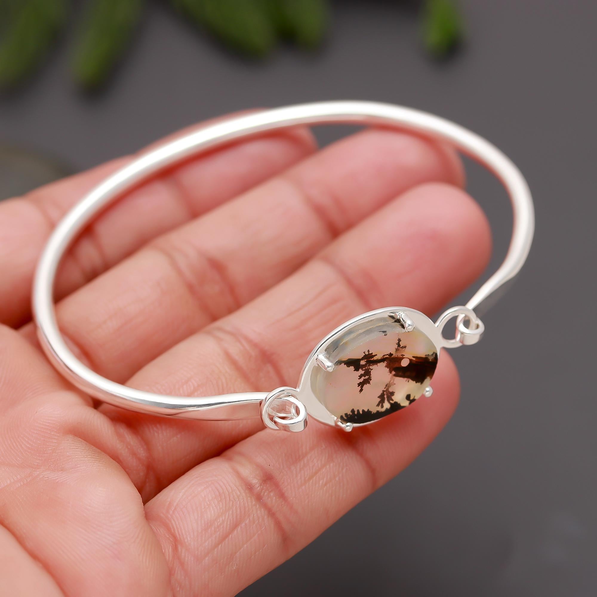 925 Silver Dendritic Agate Bangle Bracelet