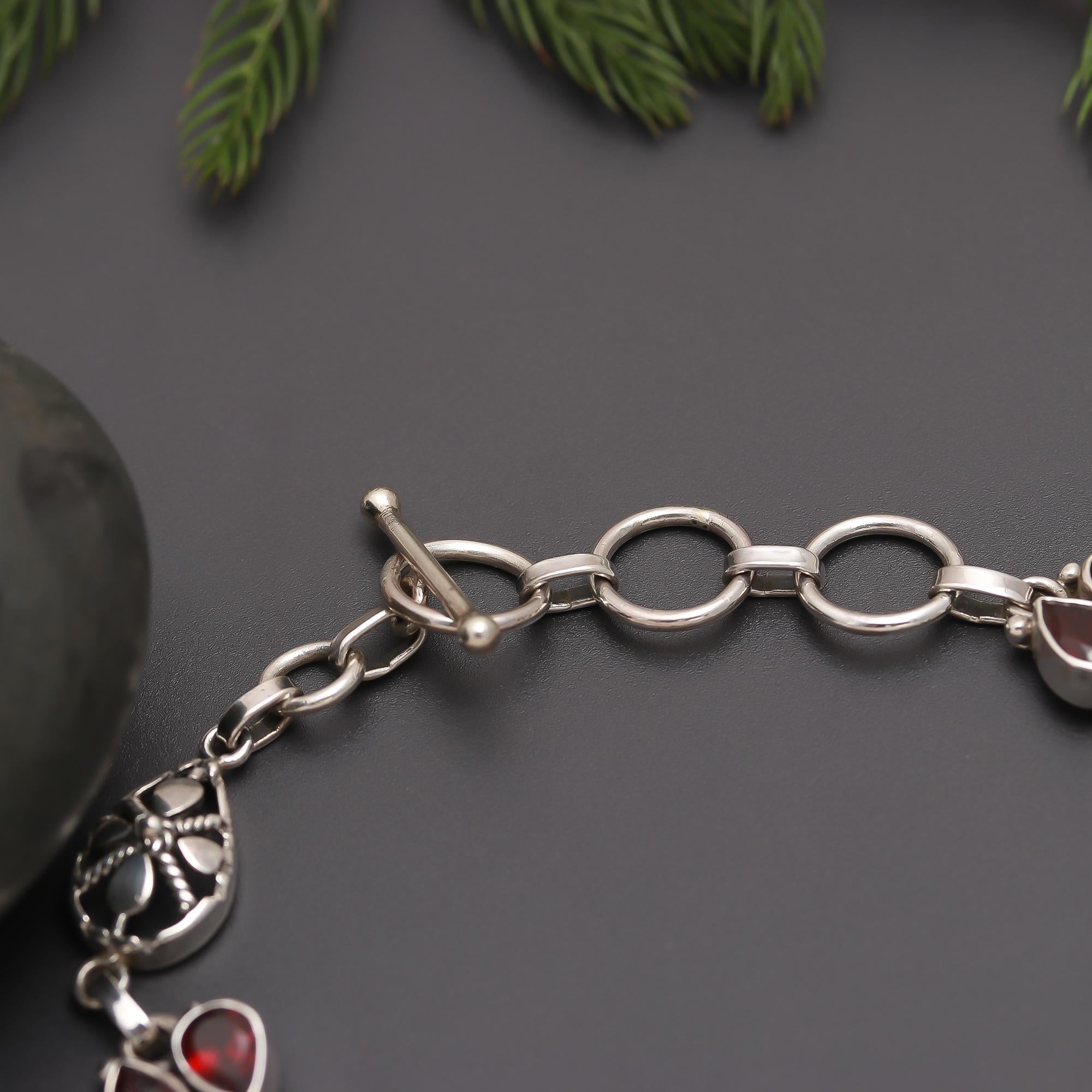 925 Silver Teardrop Garnet Link Bracelet