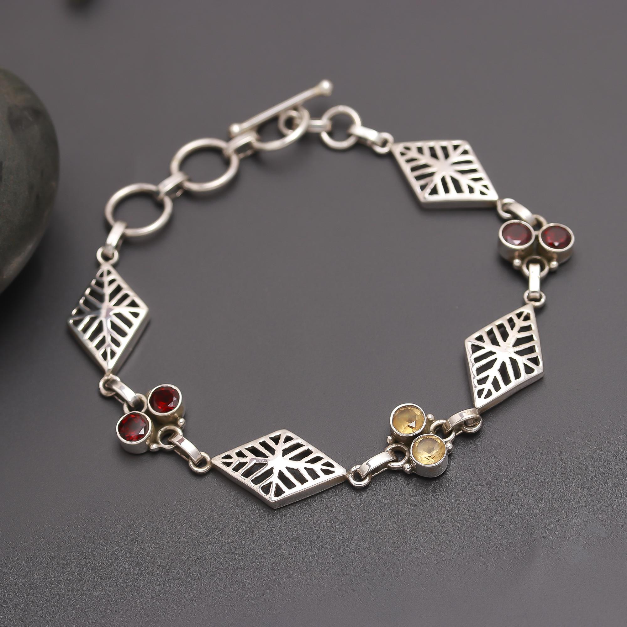 925 Silver Garnet & Citrine Link Bracelet