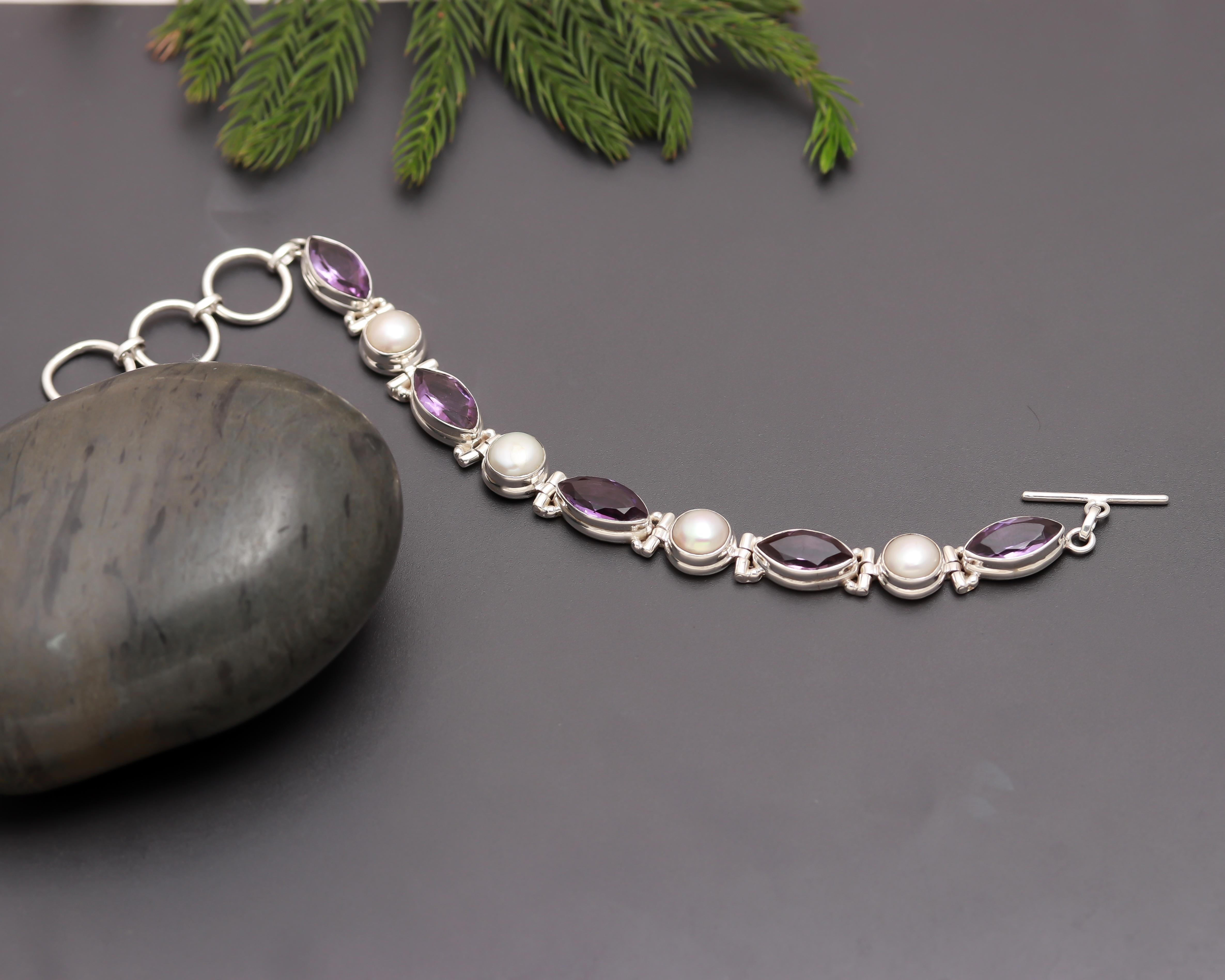 925 Silver Pearl & Amethyst Link Bracelet