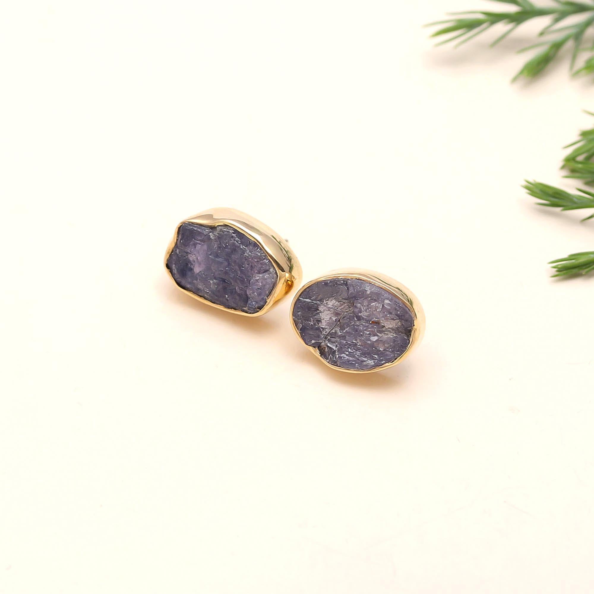 925 Silver Raw Tanzanite Stud Earrings