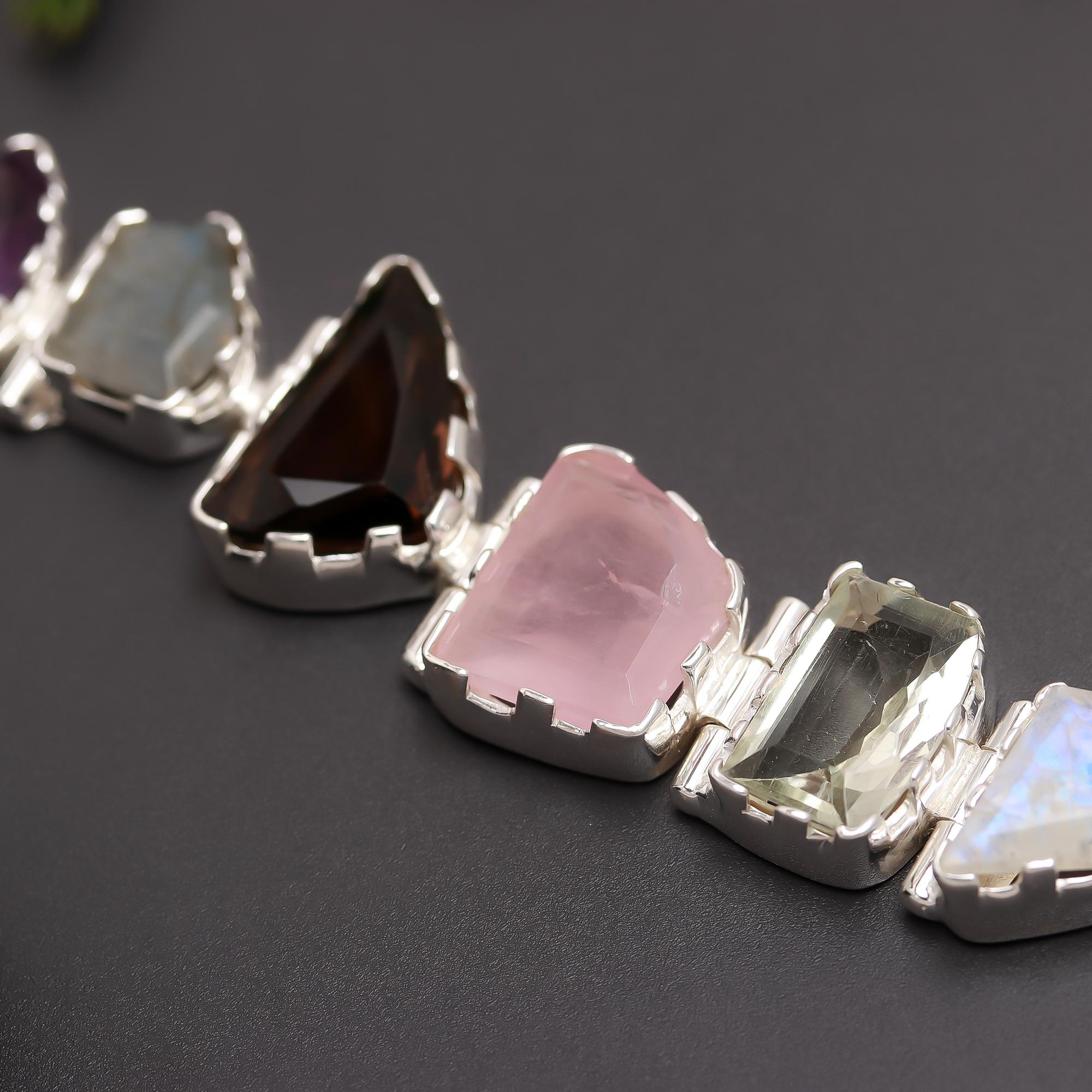 925 Silver Mixed Gemstone Statement Bracelet