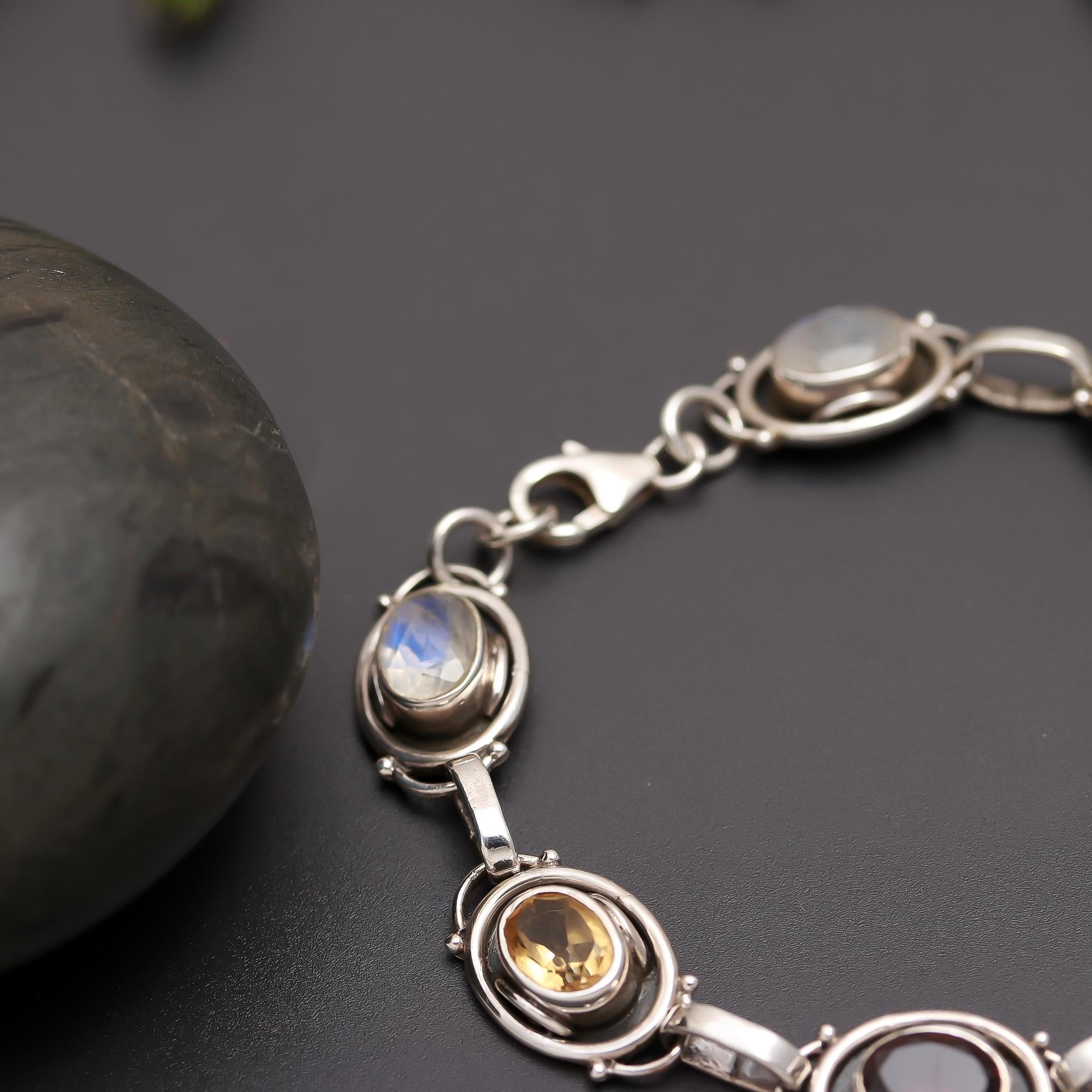 925 Silver Multi-Gemstone Oval Link Bracelet
