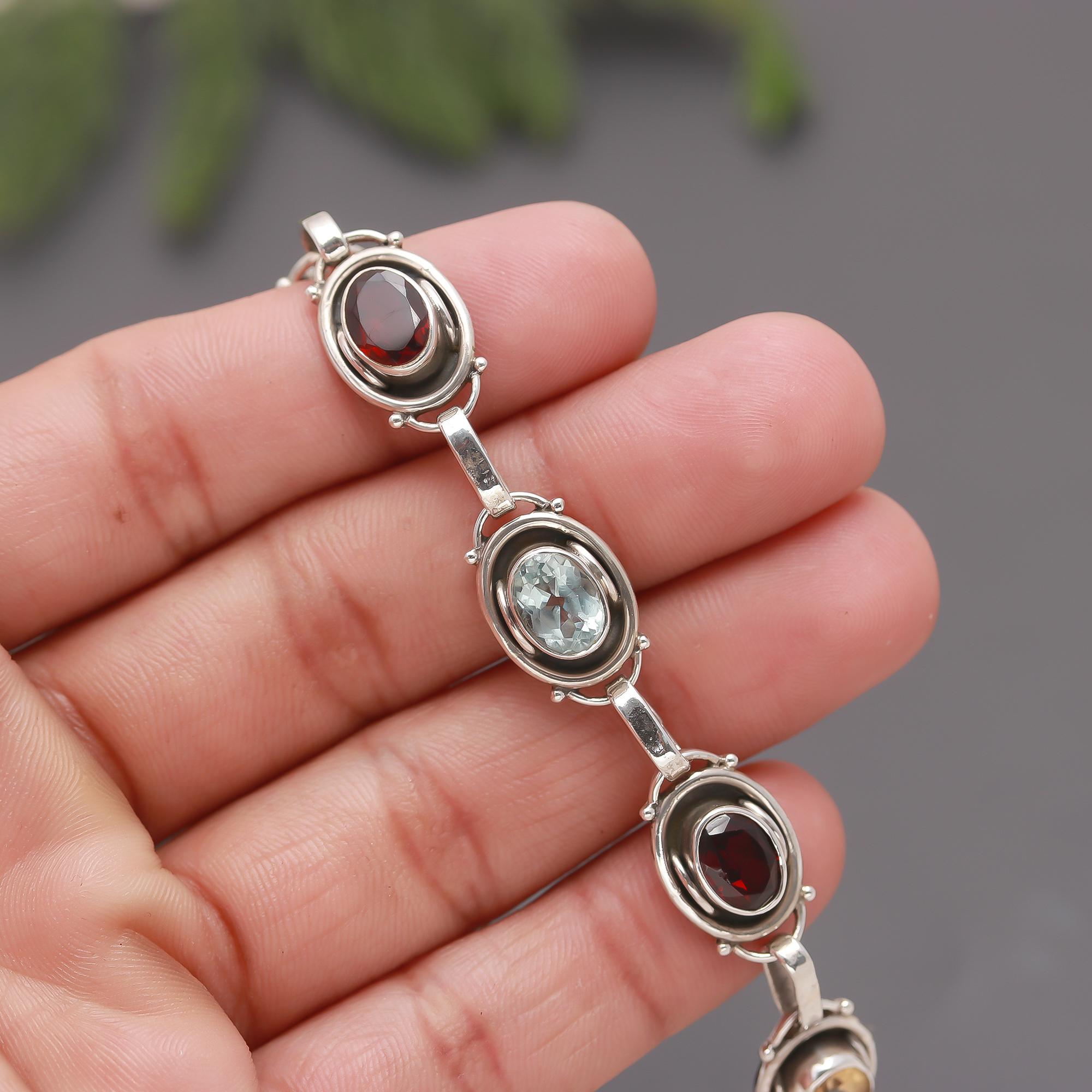 925 Silver Multi-Gemstone Oval Link Bracelet