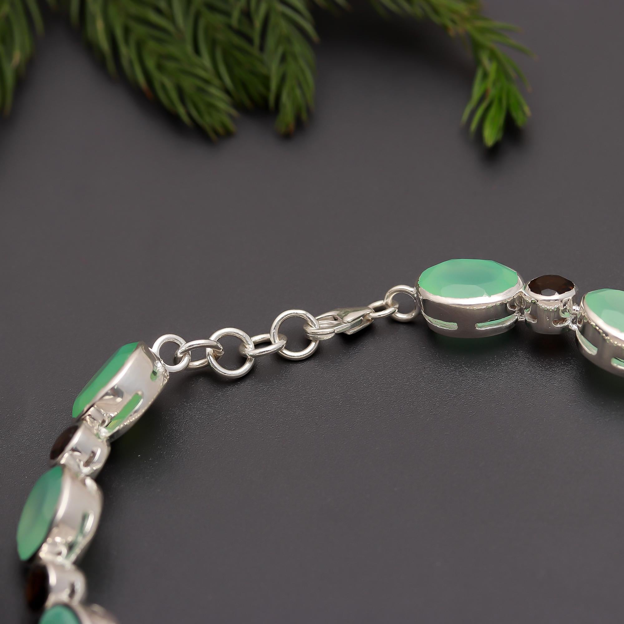 925 Silver Green Onyx & Smoky Quartz Link Bracelet