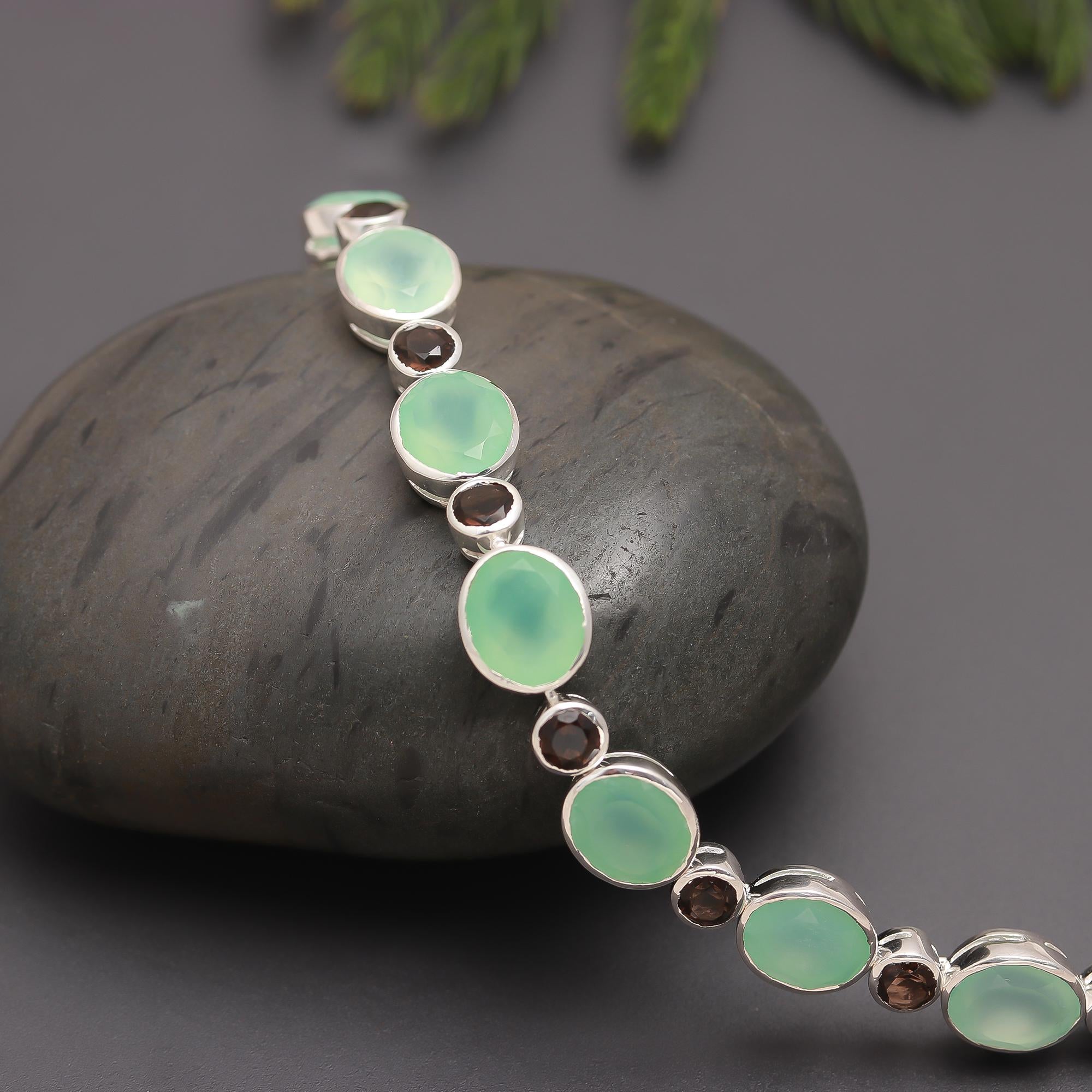 925 Silver Green Onyx & Smoky Quartz Link Bracelet