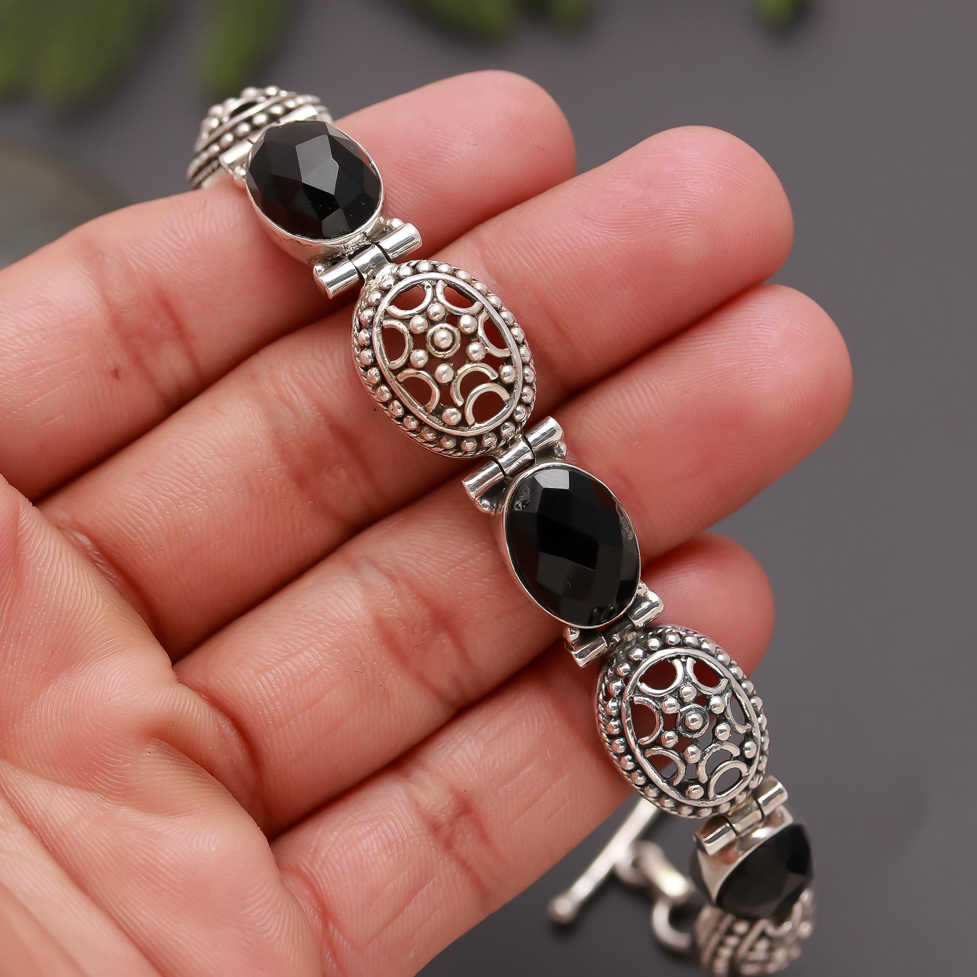 925 Silver Oval Black Onyx & Filigree Link Bracelet
