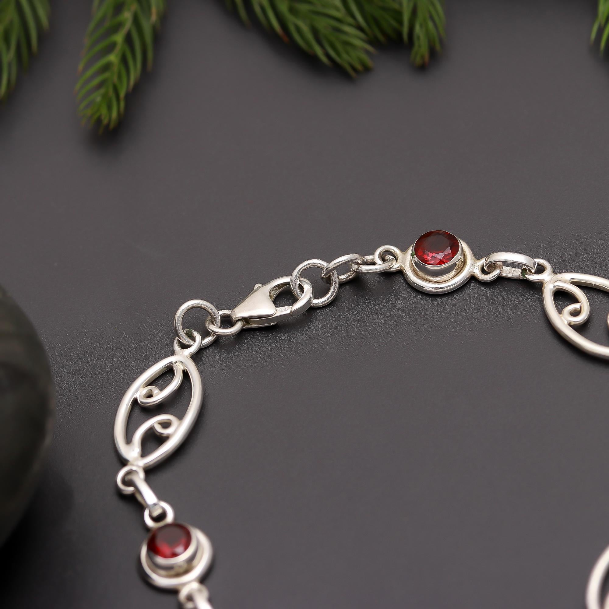 925 Silver Garnet Link Bracelet