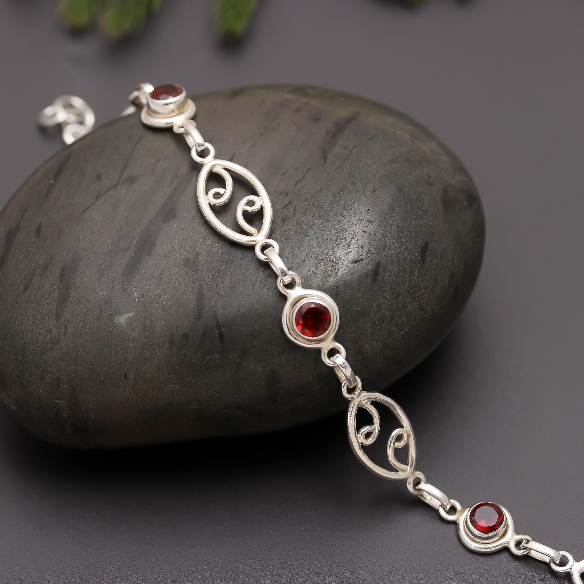 925 Silver Garnet Link Bracelet