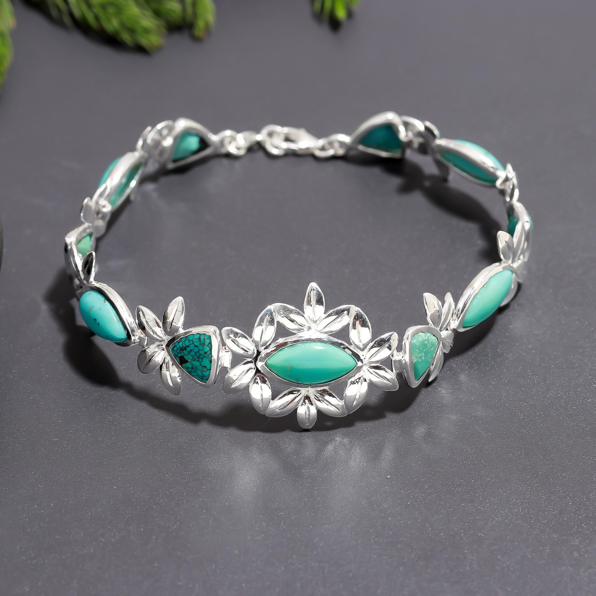 925 Silver Turquoise Floral Motif Link Bracelet