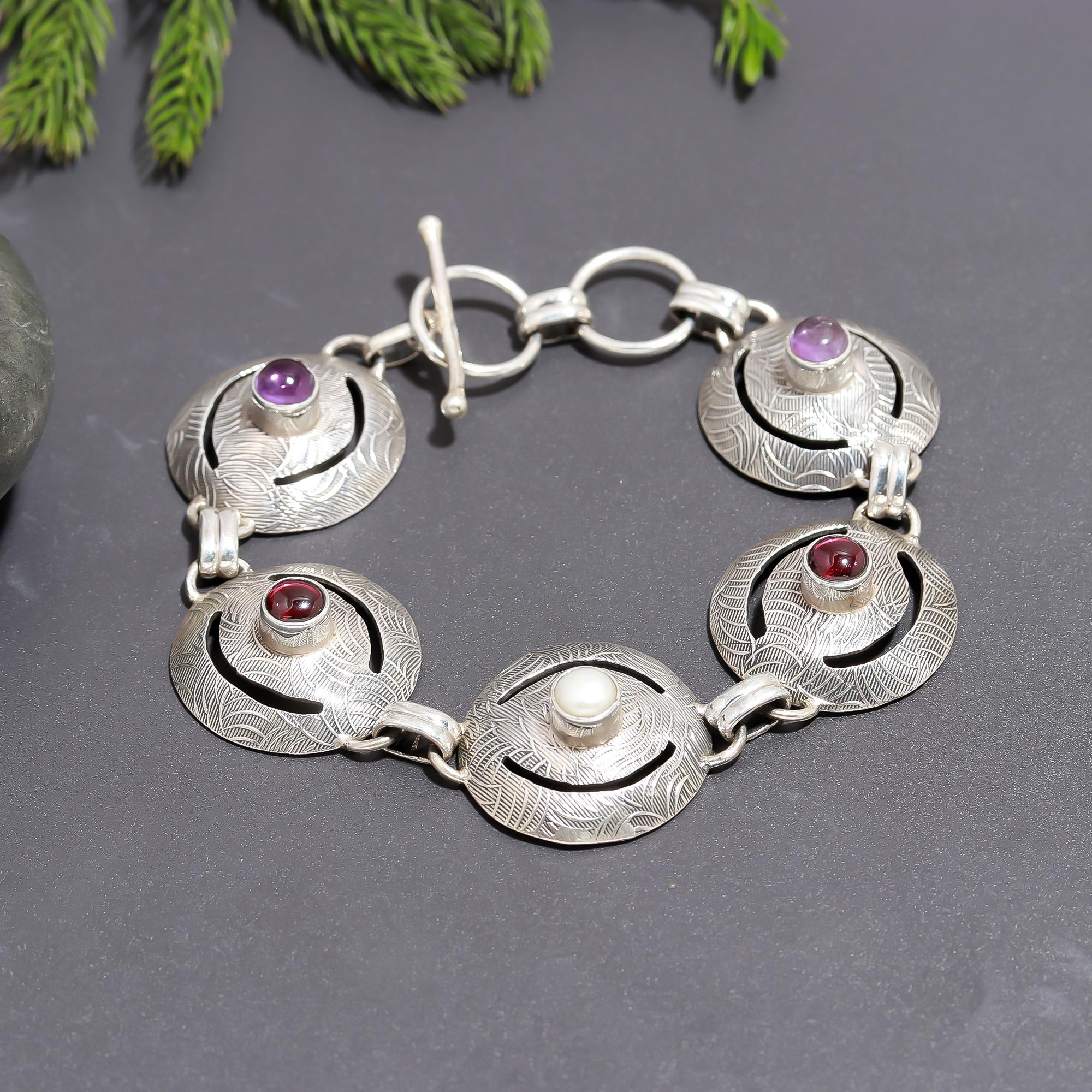 925 Silver Textured Circle Link Bracelet