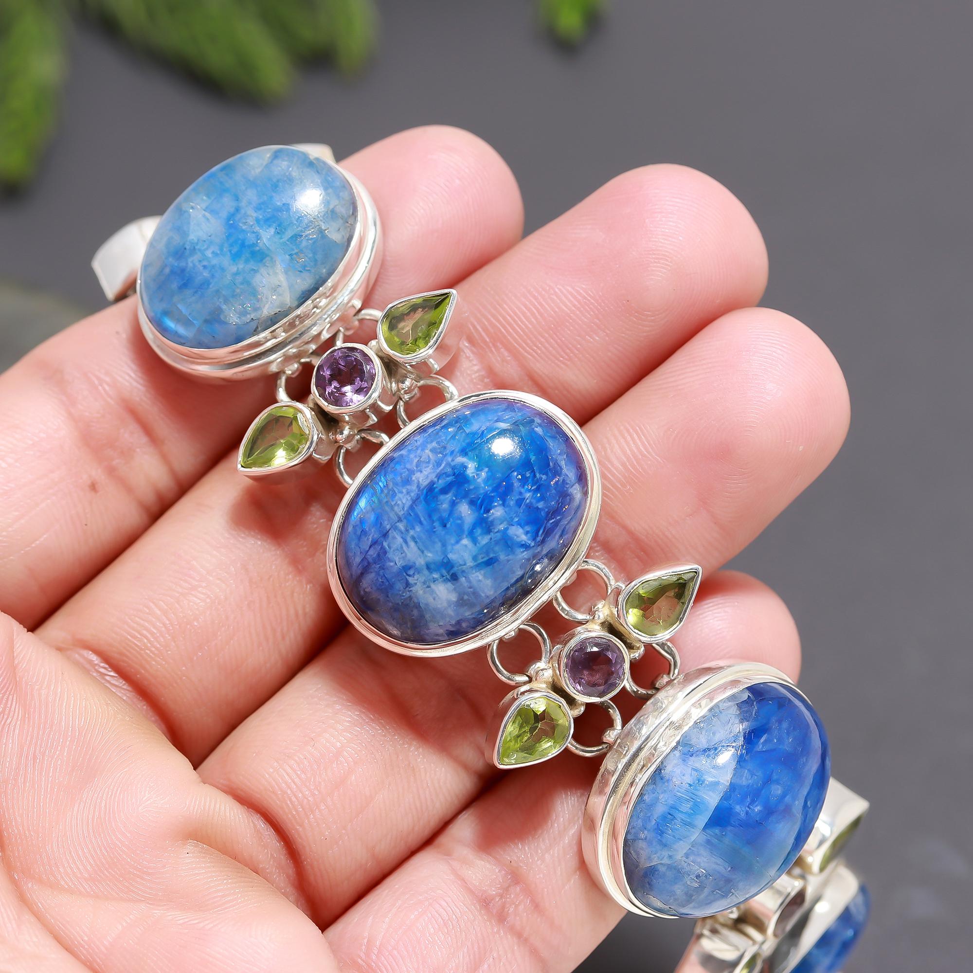 925 Silver Kyanite, Peridot & Amethyst Cluster Bracelet