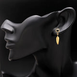 Handmade Brass Leaf Stud Earrings with Black Onyx Gemstones