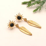 Handmade Brass Leaf Stud Earrings with Black Onyx Gemstones