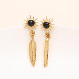 Handmade Brass Leaf Stud Earrings with Black Onyx Gemstones