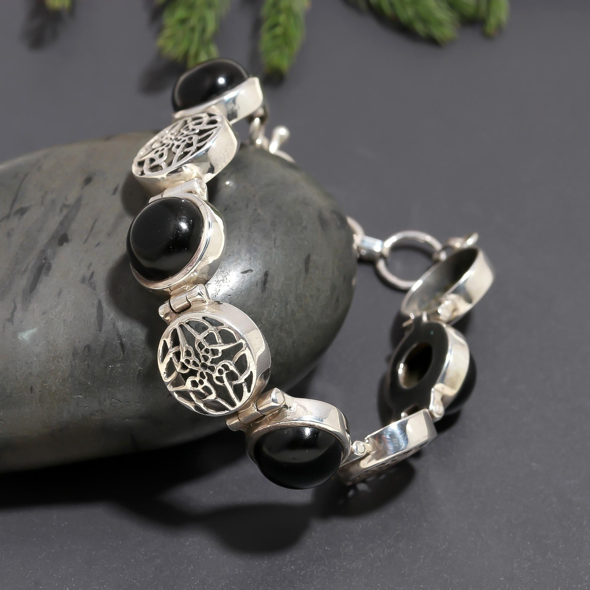 925 Silver Filigree & Black Onyx Link Bracelet