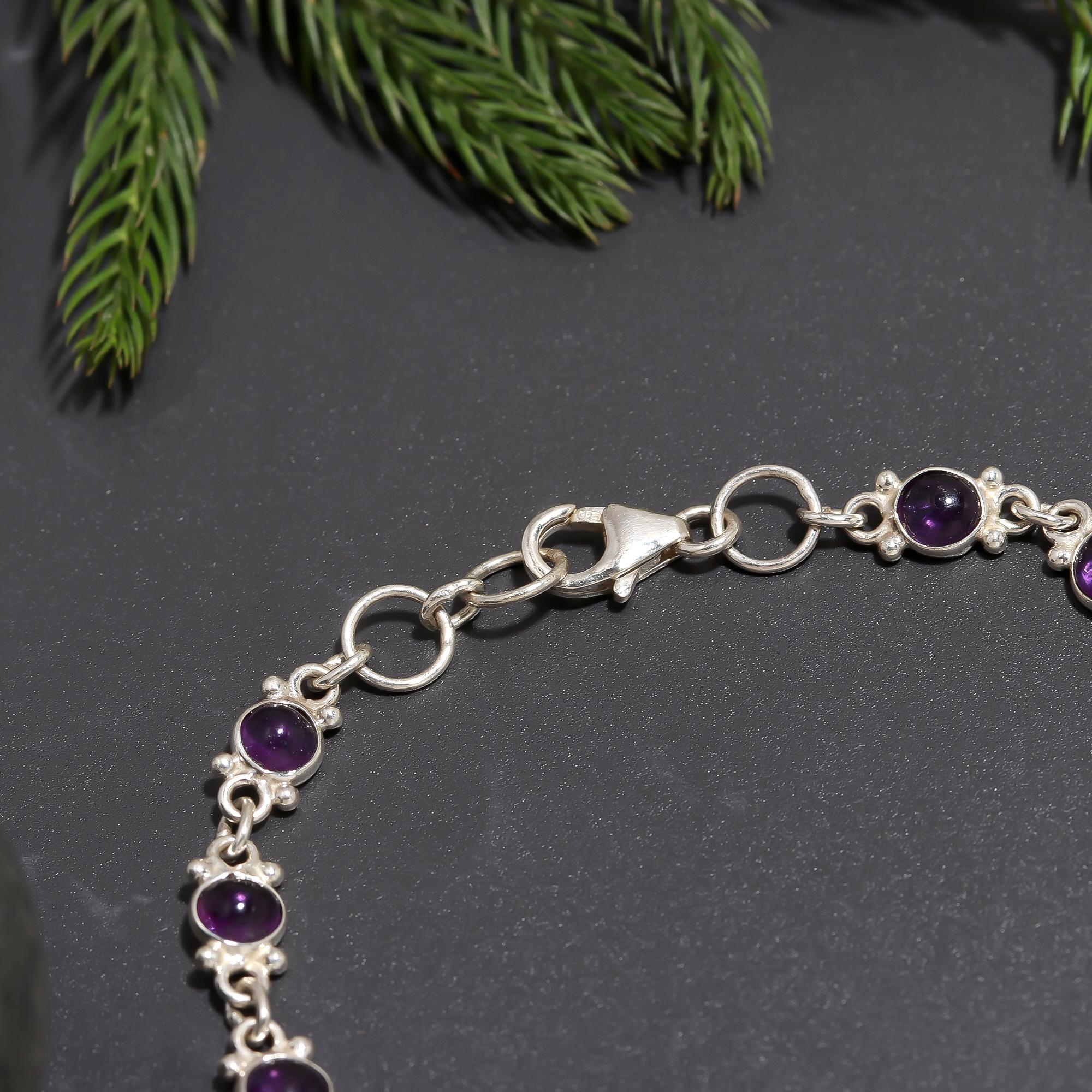 925 Silver Amethyst Floral Link Bracelet