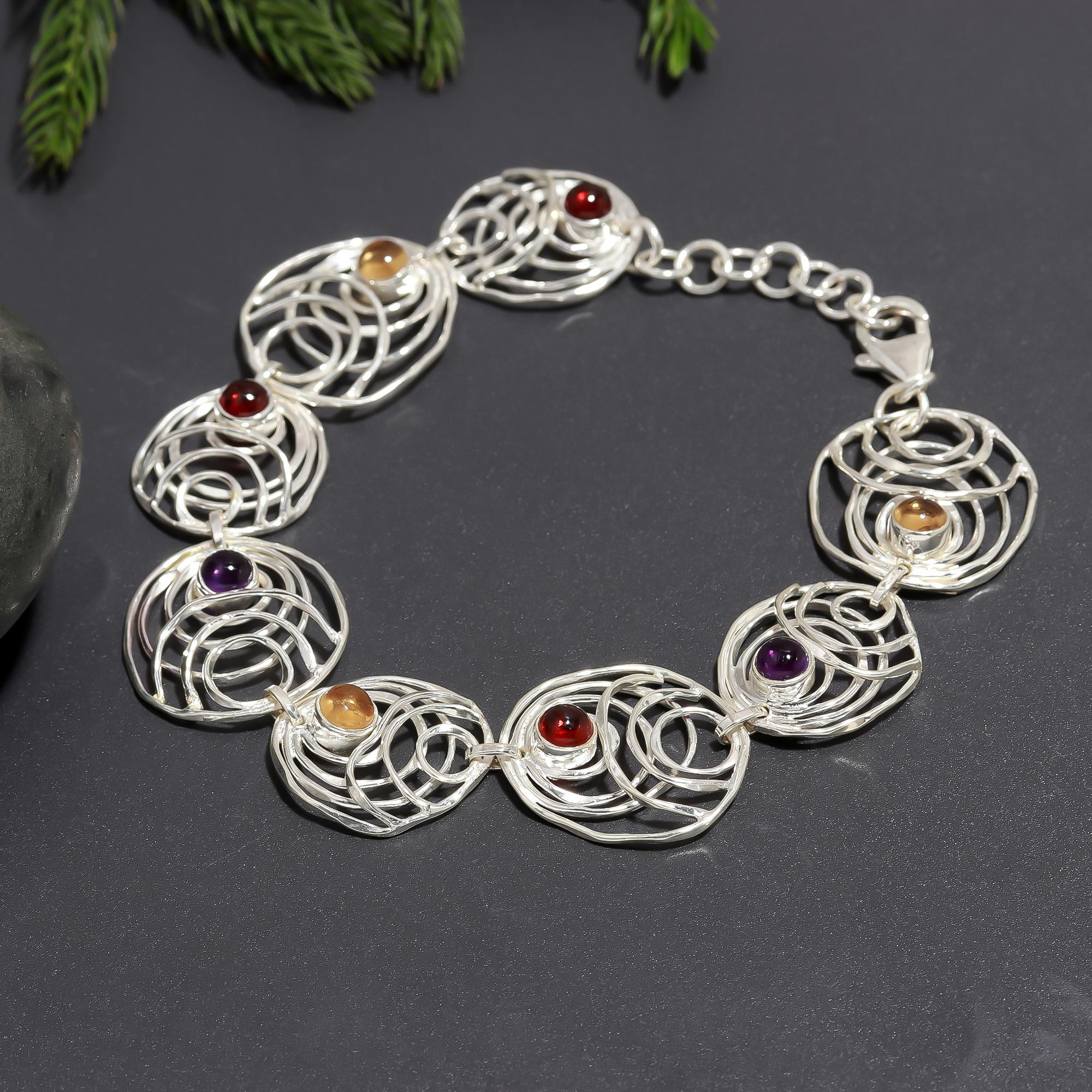 925 Silver Spiral Multi-Gemstone Bracelet