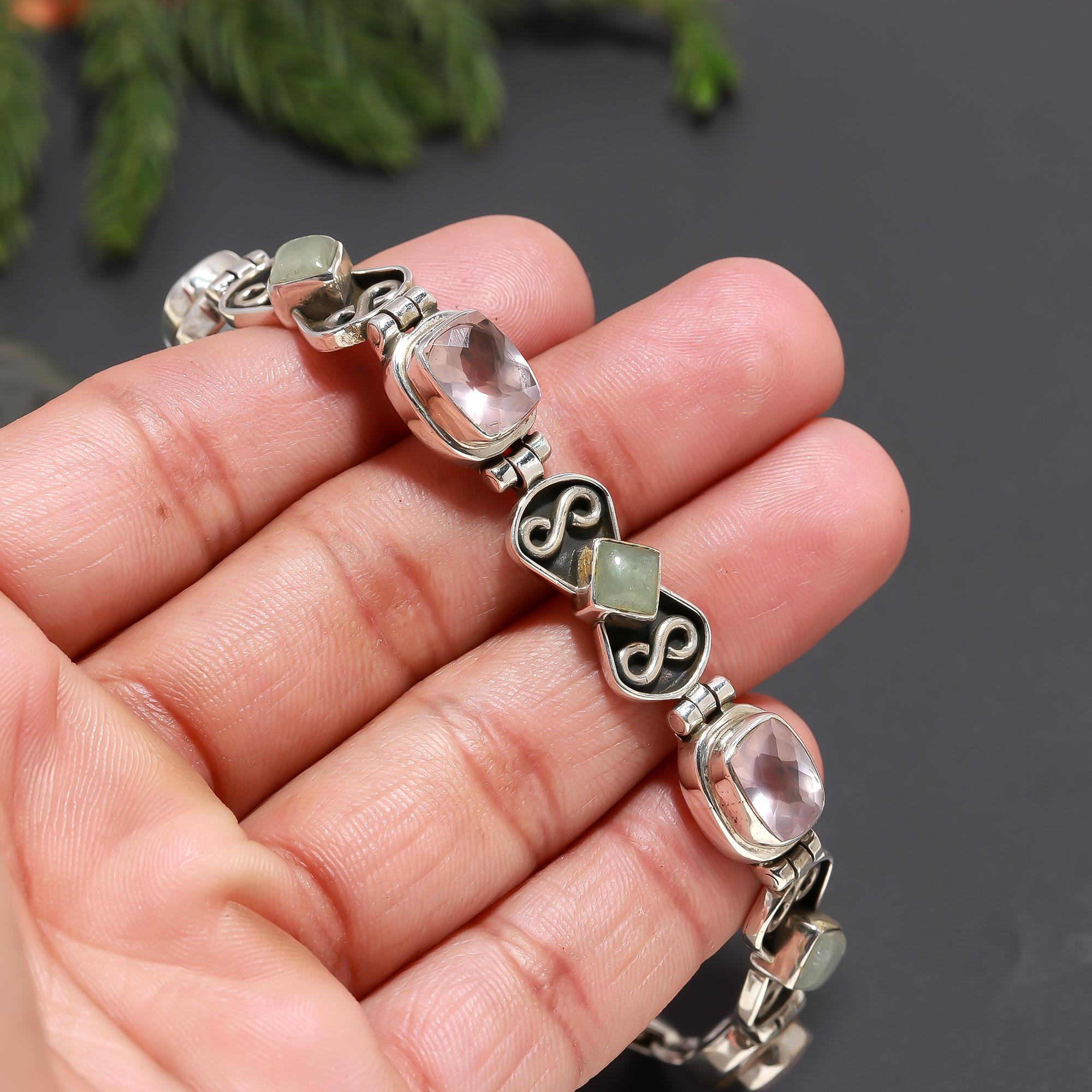 925 Silver Rose Quartz & Green Aventurine Link Bracelet