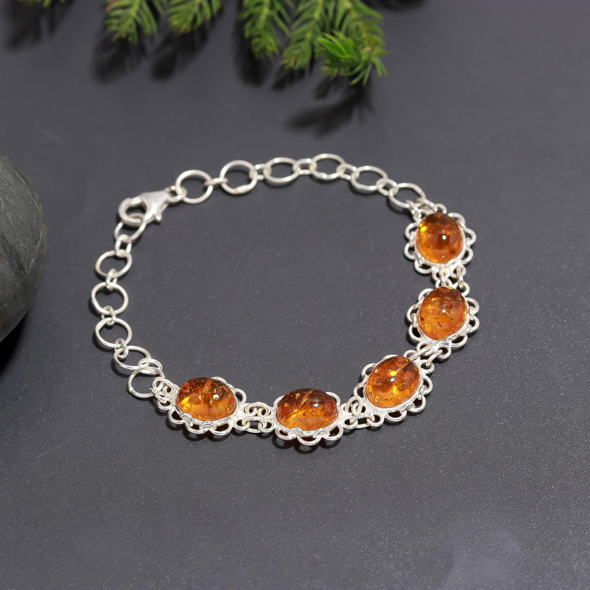 925 Silver Oval Amber Link Bracelet