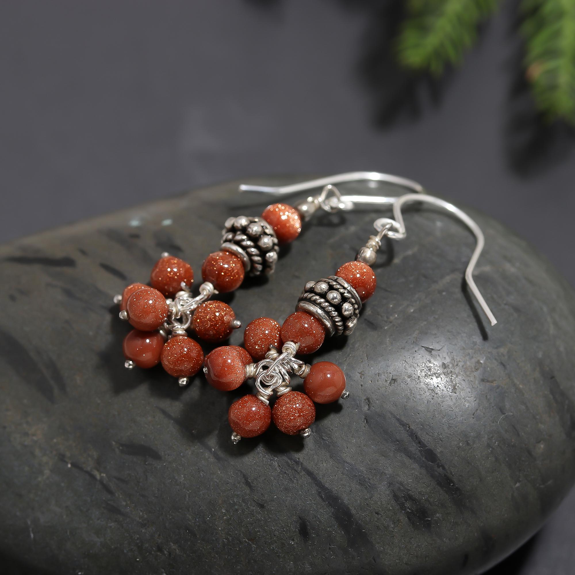 925 Silver Goldstone Cluster Drop Earrings