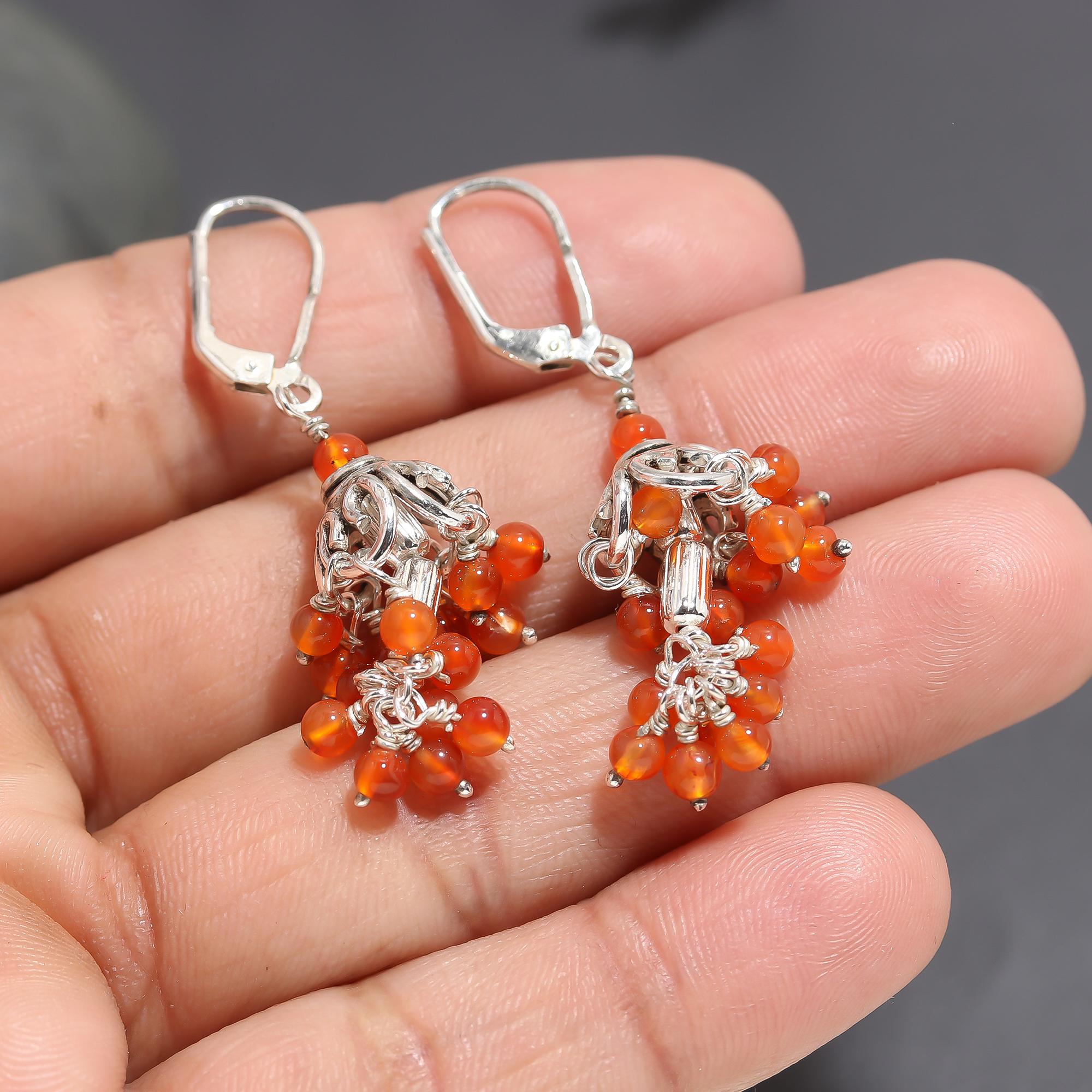 925 Silver Cluster Carnelian Beaded Dangle Earrings