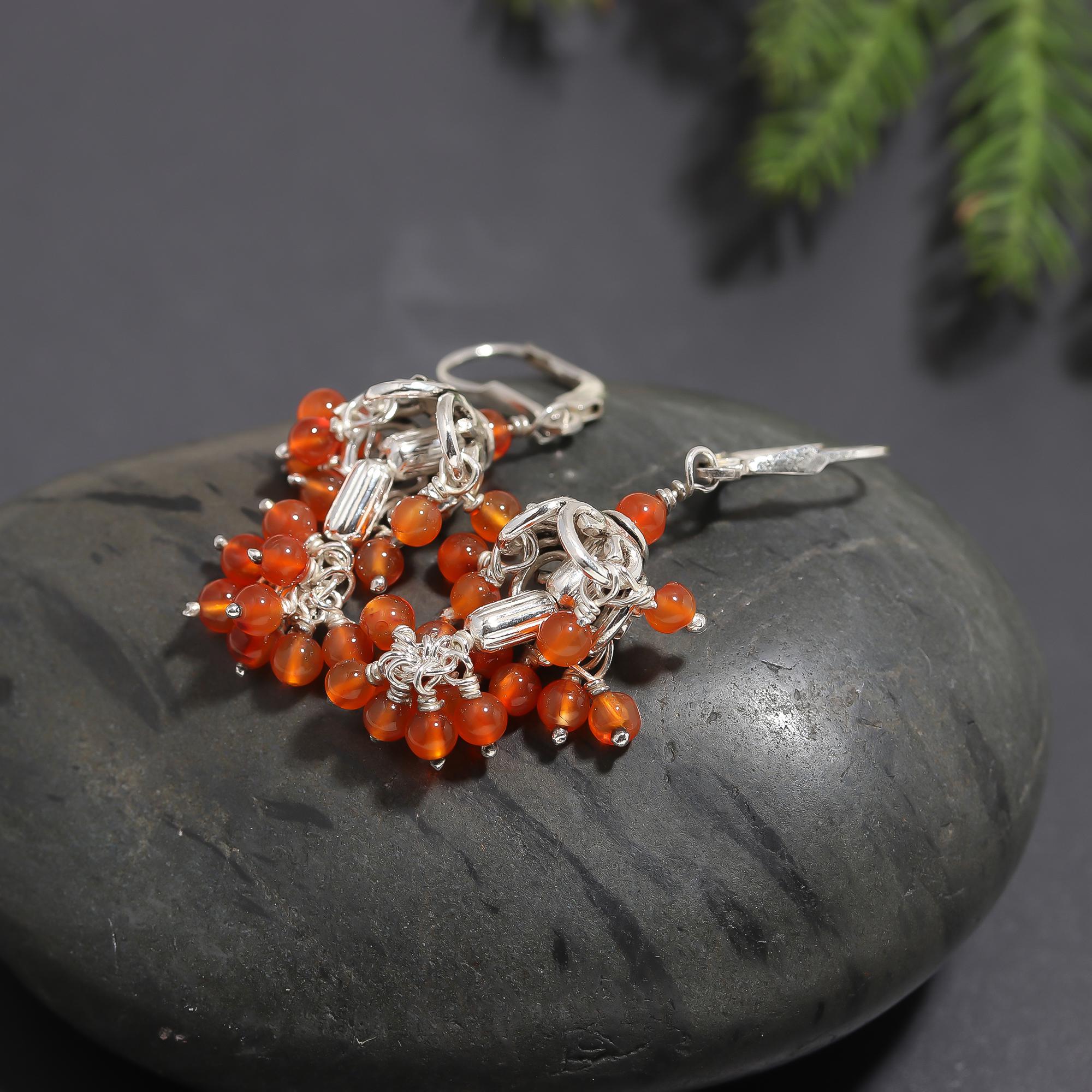 925 Silver Cluster Carnelian Beaded Dangle Earrings