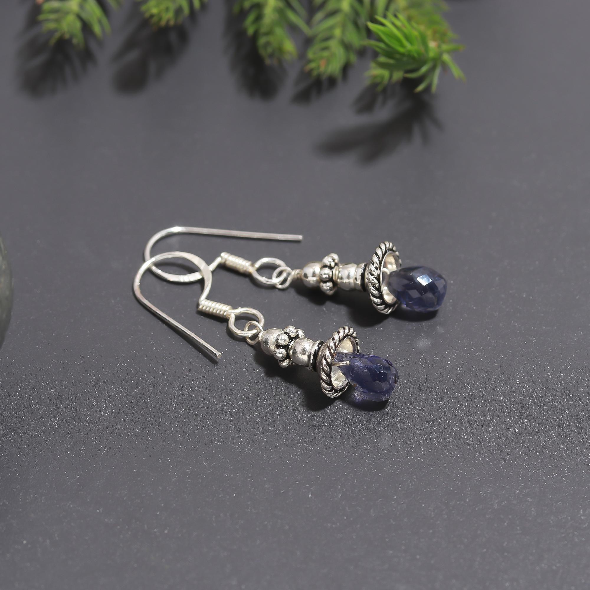 925 Silver Iolite Beaded Drop Earrings