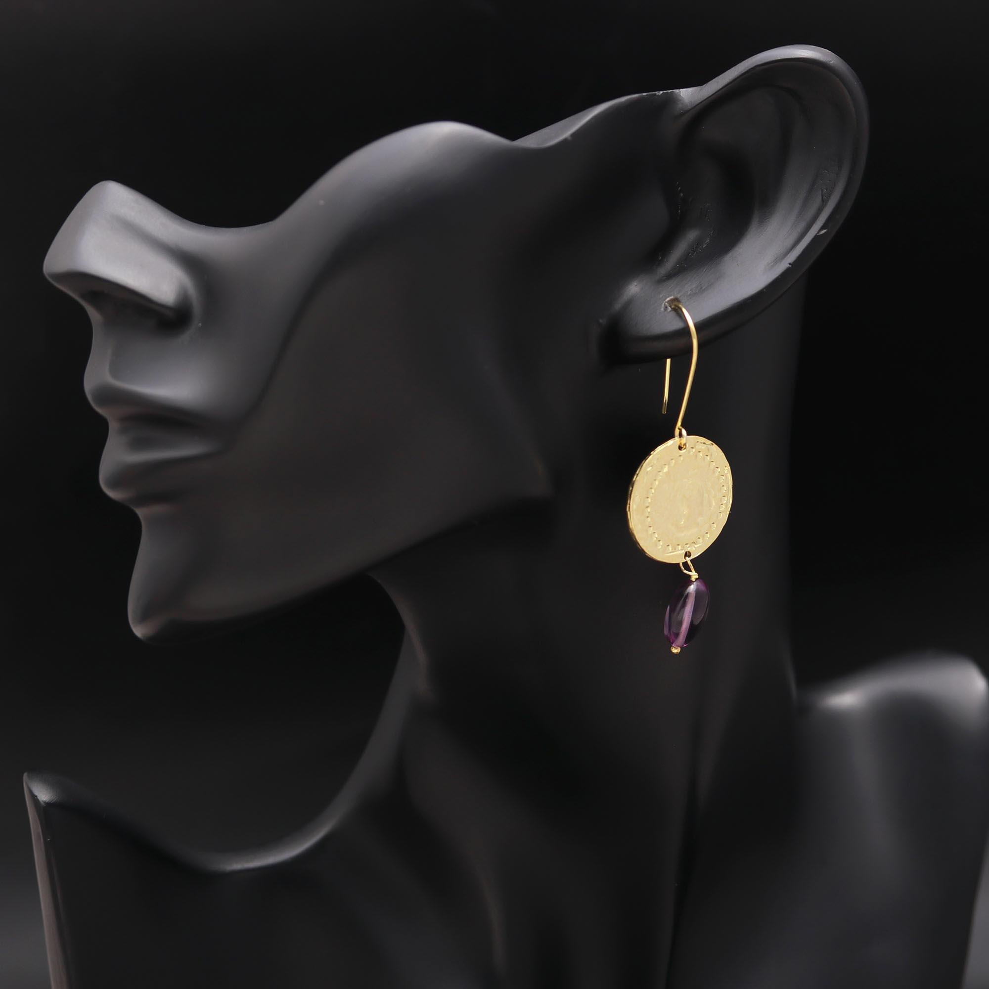 Hypoallergenic Brass Textured Drop Earrings with Amethyst Cabochons